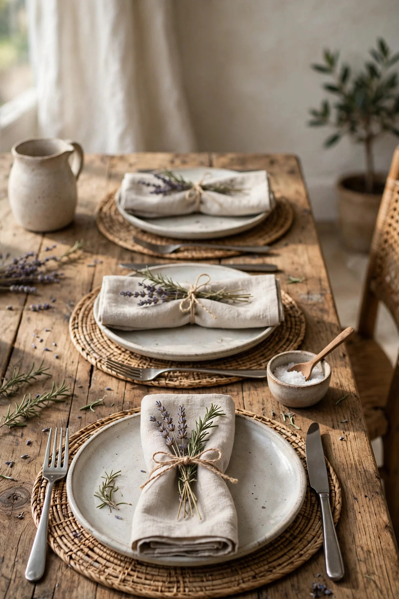 Cloth napkins tied with twine and dried herbs