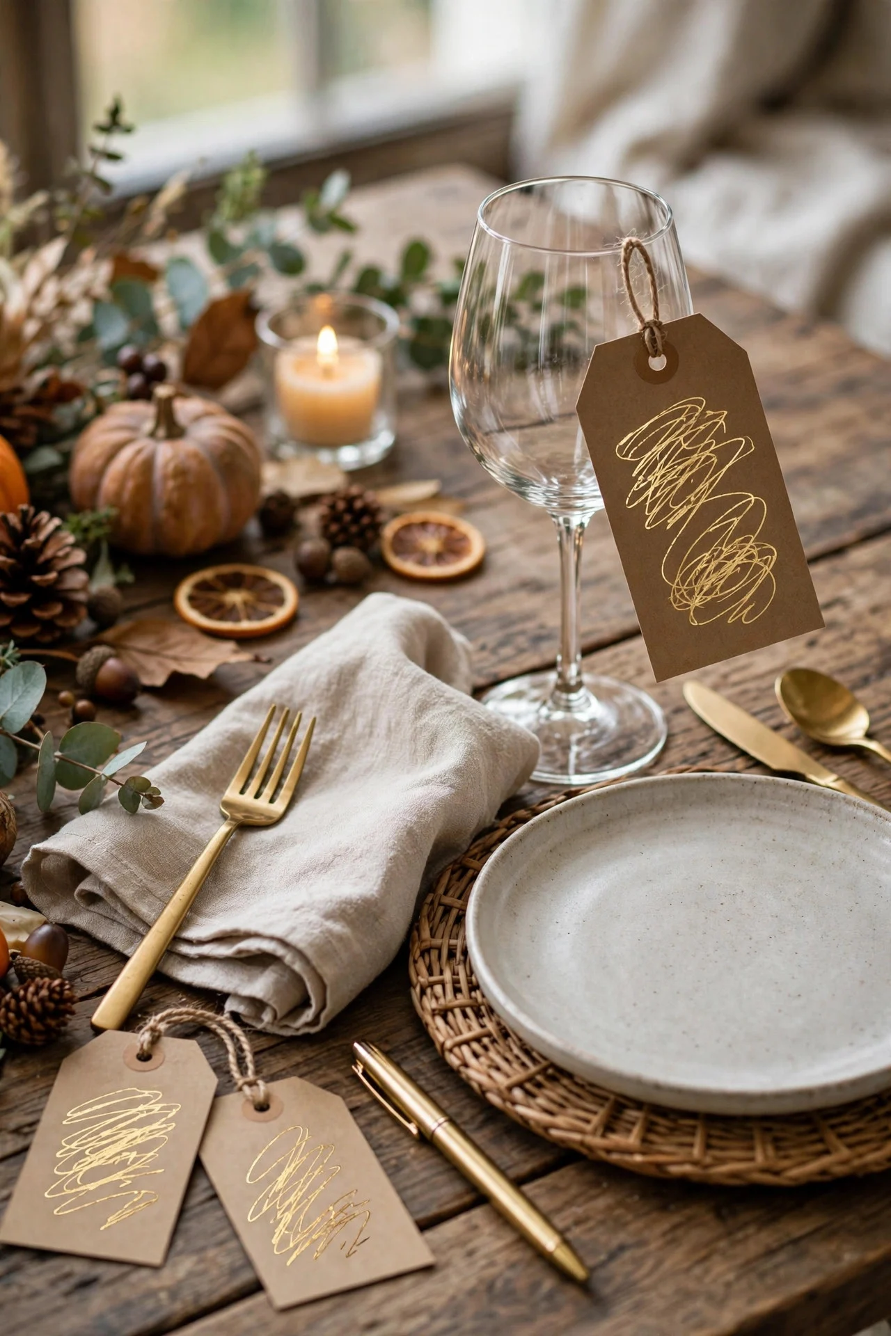 Handwritten kraft place cards at a Thanksgiving table