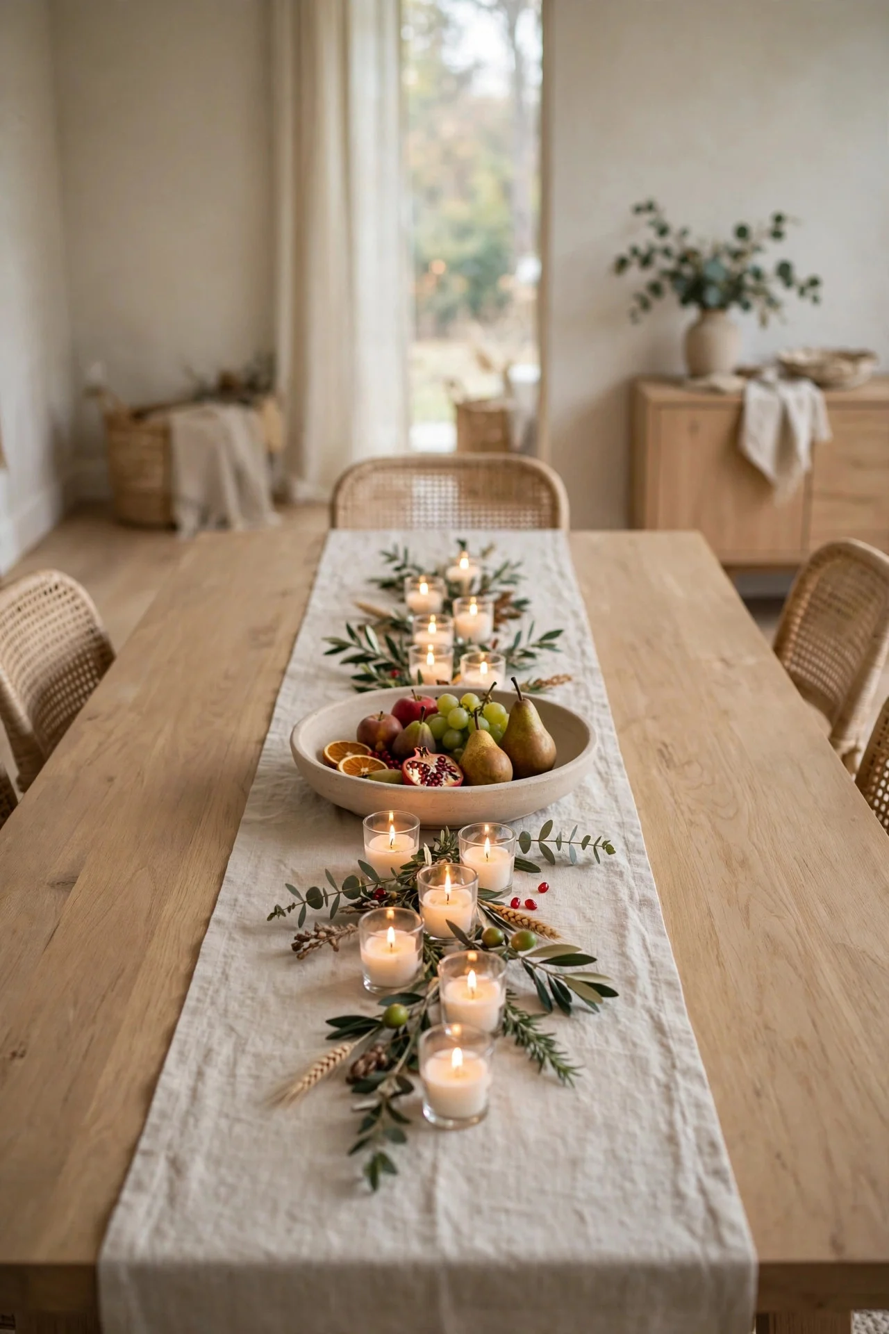 Low narrow centerpiece keeping sightlines open across the table