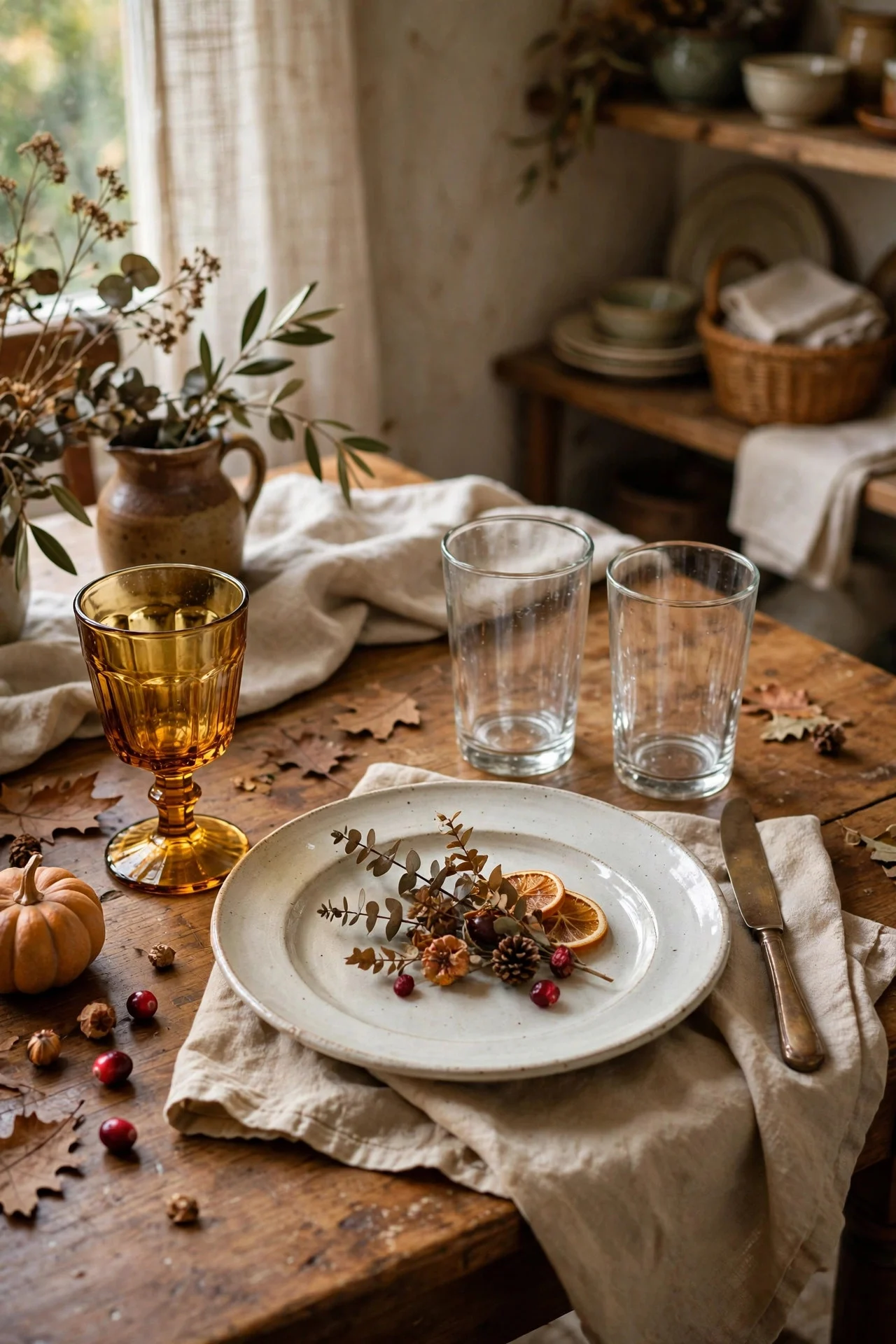 Mixed glassware in clear and amber tones at a place setting