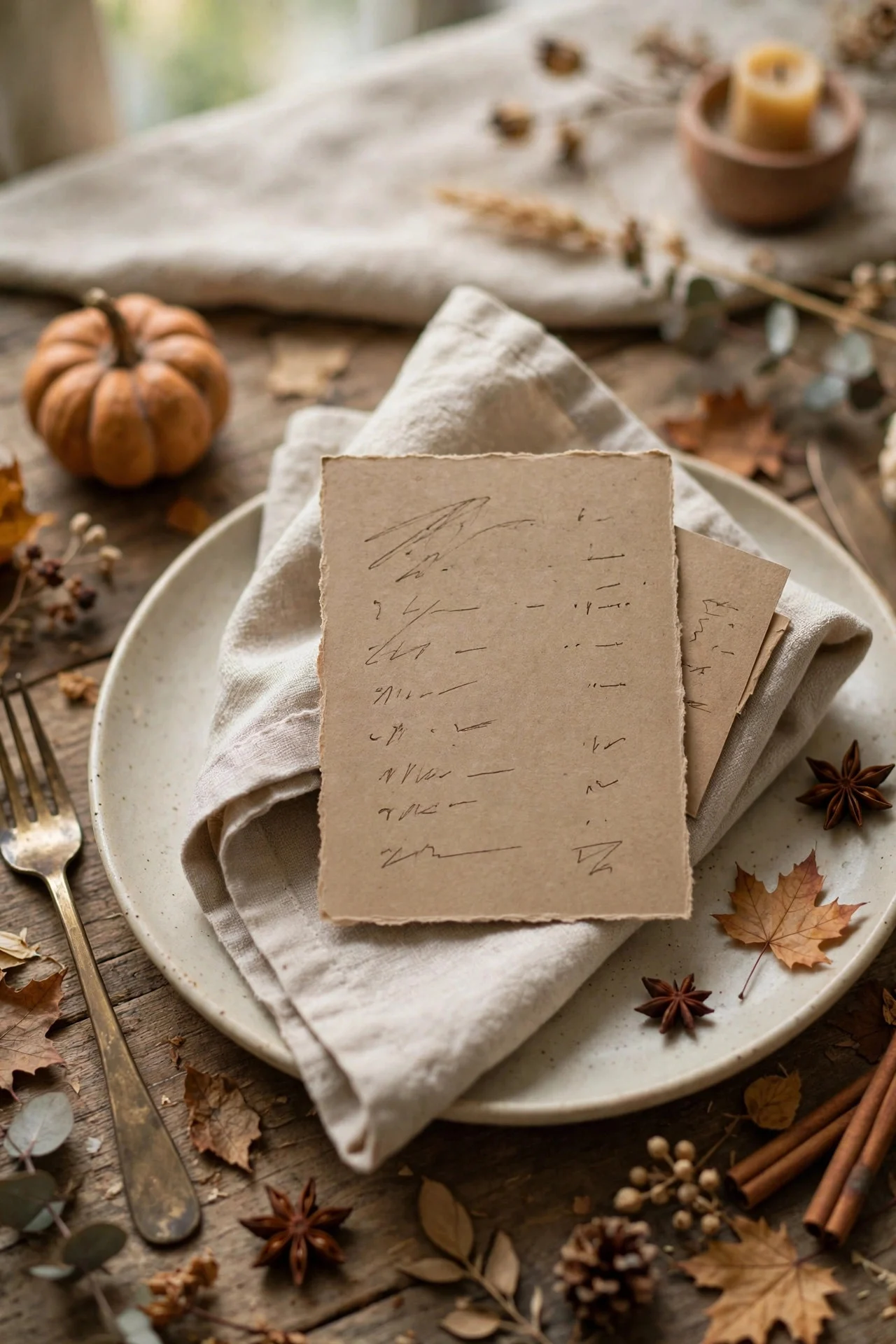 Handwritten menu card tucked under a napkin
