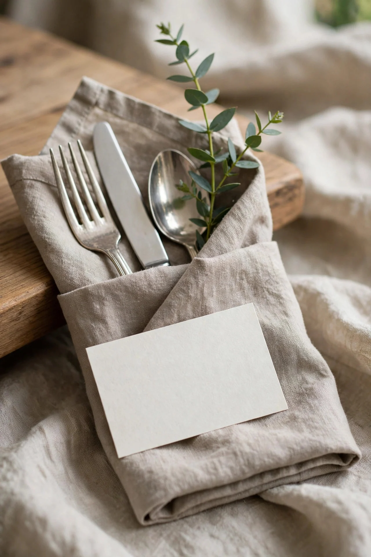 Napkin pocket fold holding silverware and greenery