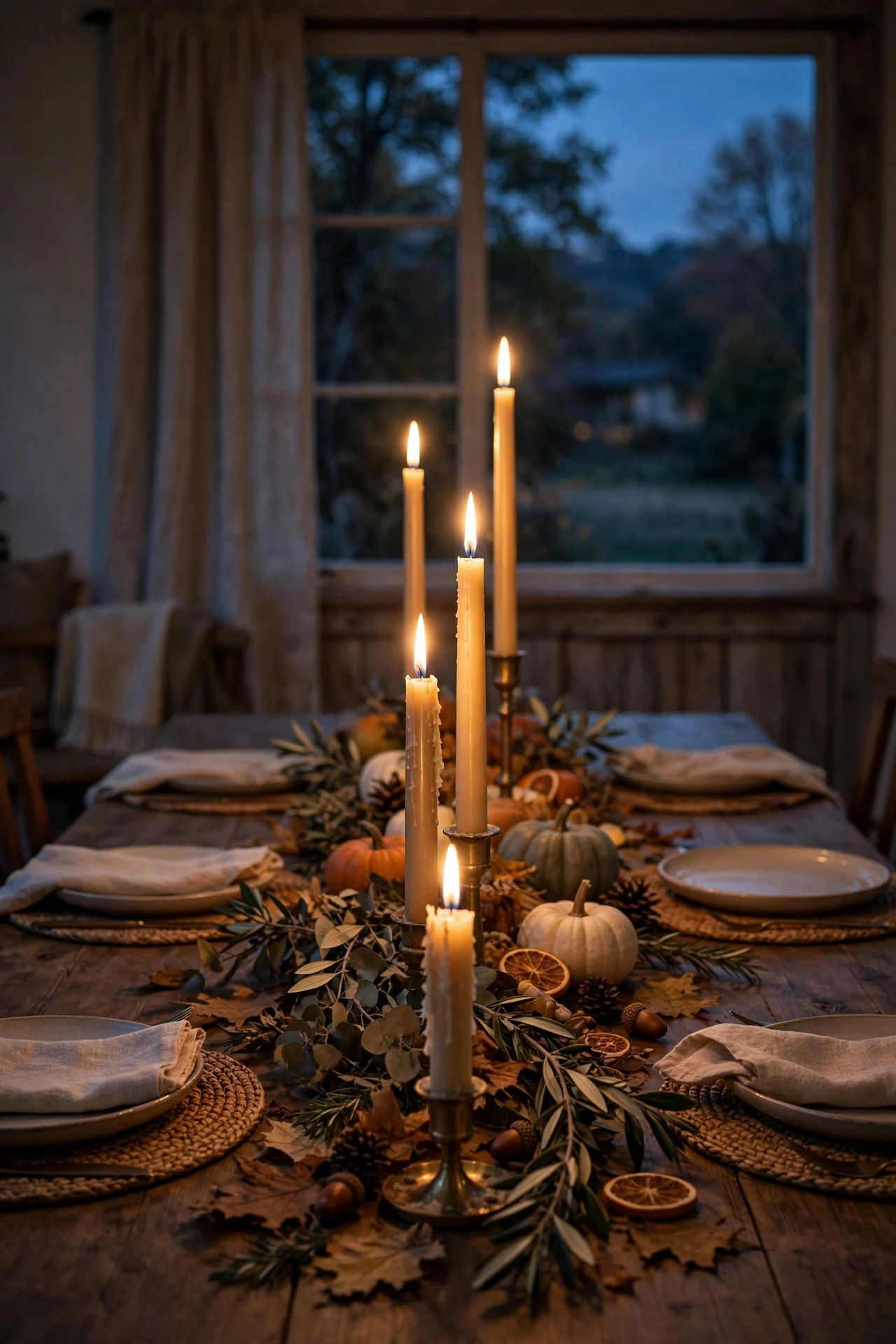 Taper candles glowing down the center of a Thanksgiving table