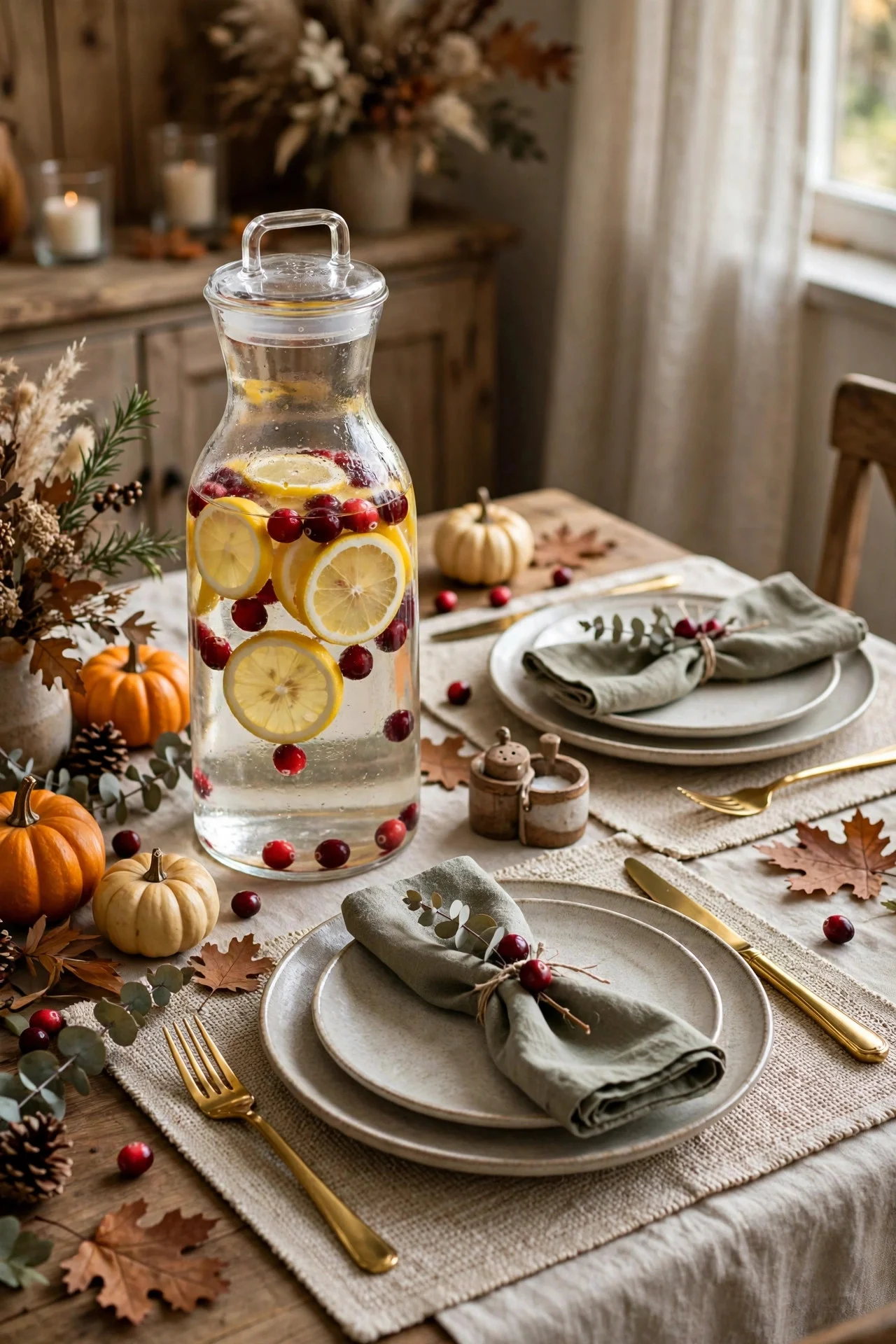 Glass water carafe with lemon and cranberries on the table