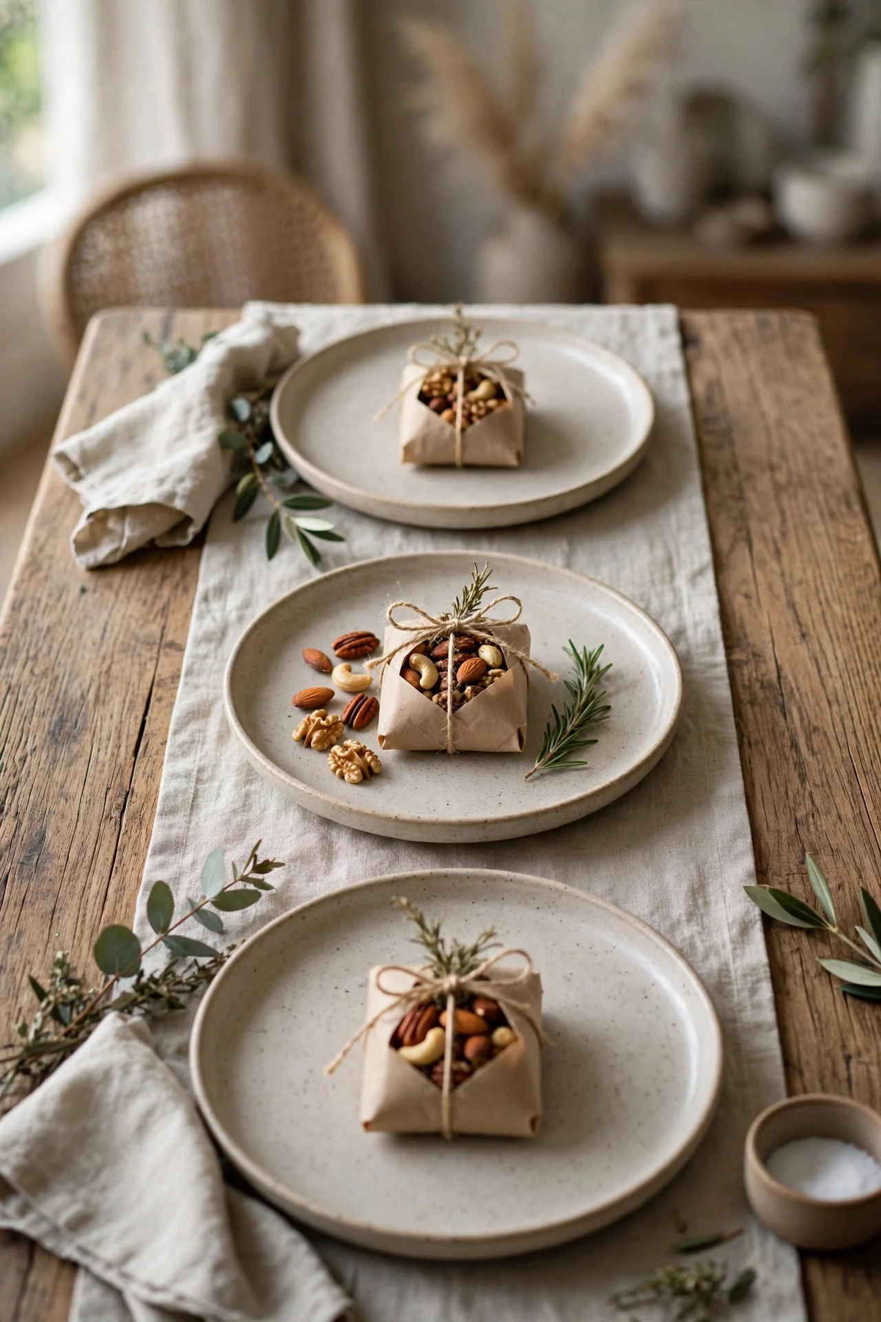 Small kraft-wrapped favors on dinner plates
