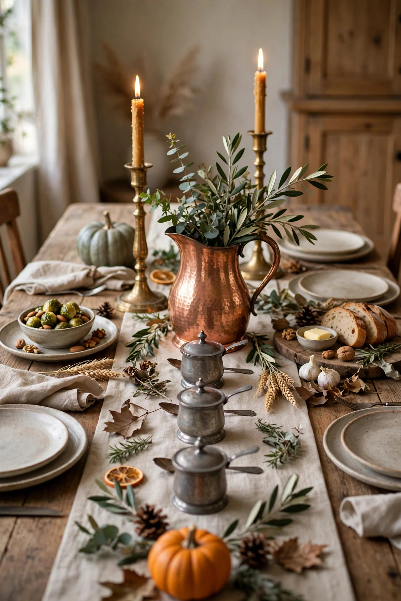 Mixed warm metals brass copper and pewter on a Thanksgiving table