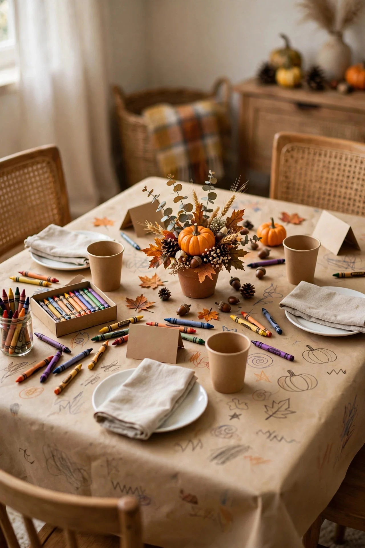 Decorated kids table with kraft paper and crayons