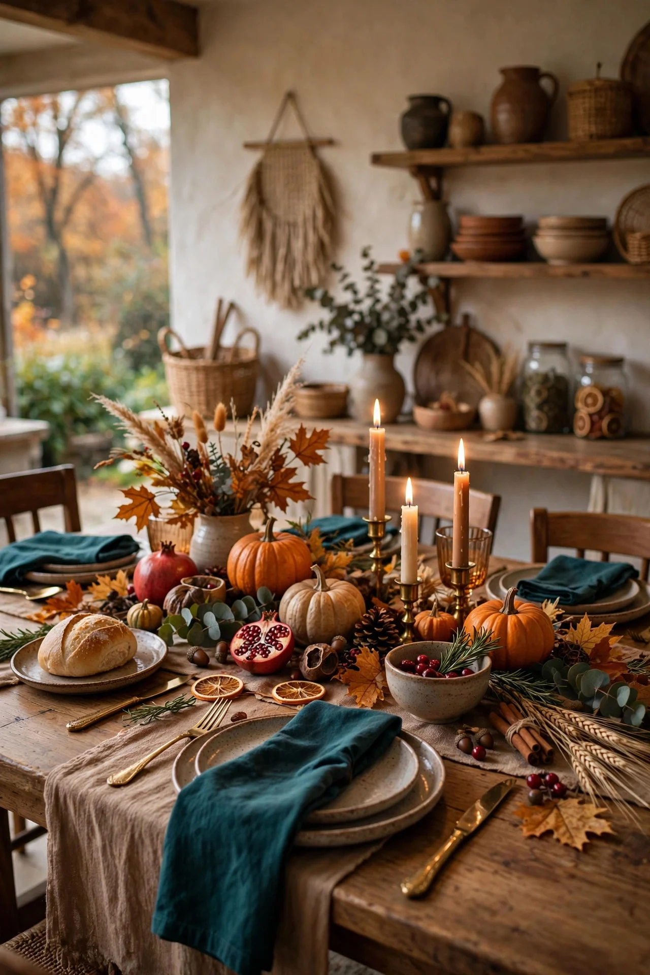 Thanksgiving table with deep teal napkins as unexpected color accent