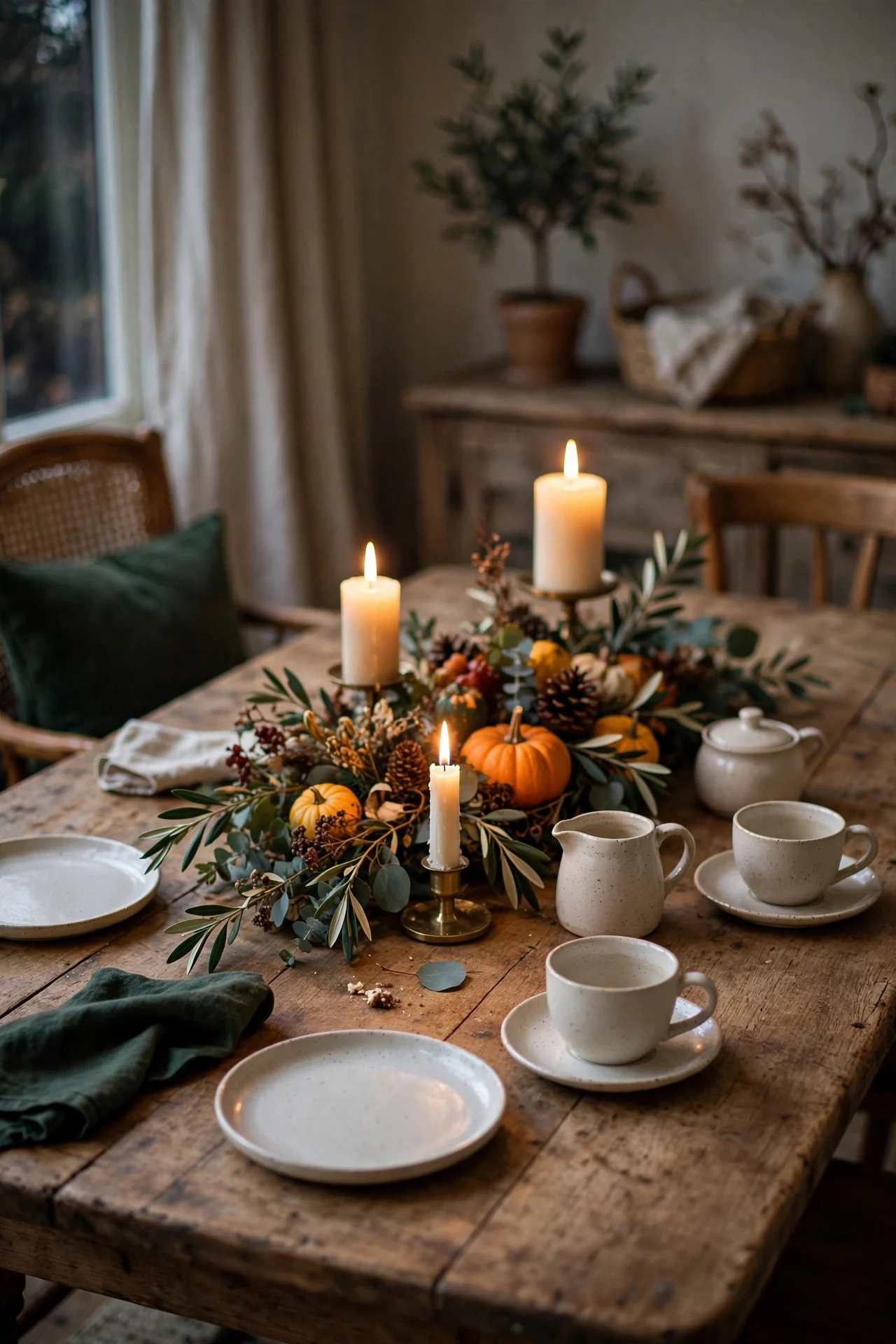Table reset with dessert plates and coffee cups before pie