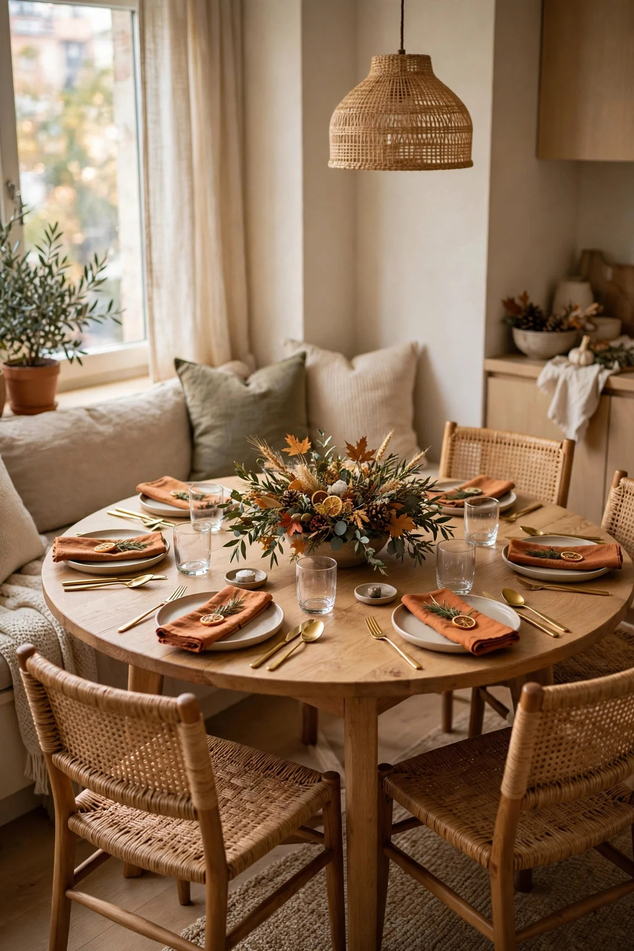 Round apartment table styled for Thanksgiving dinner