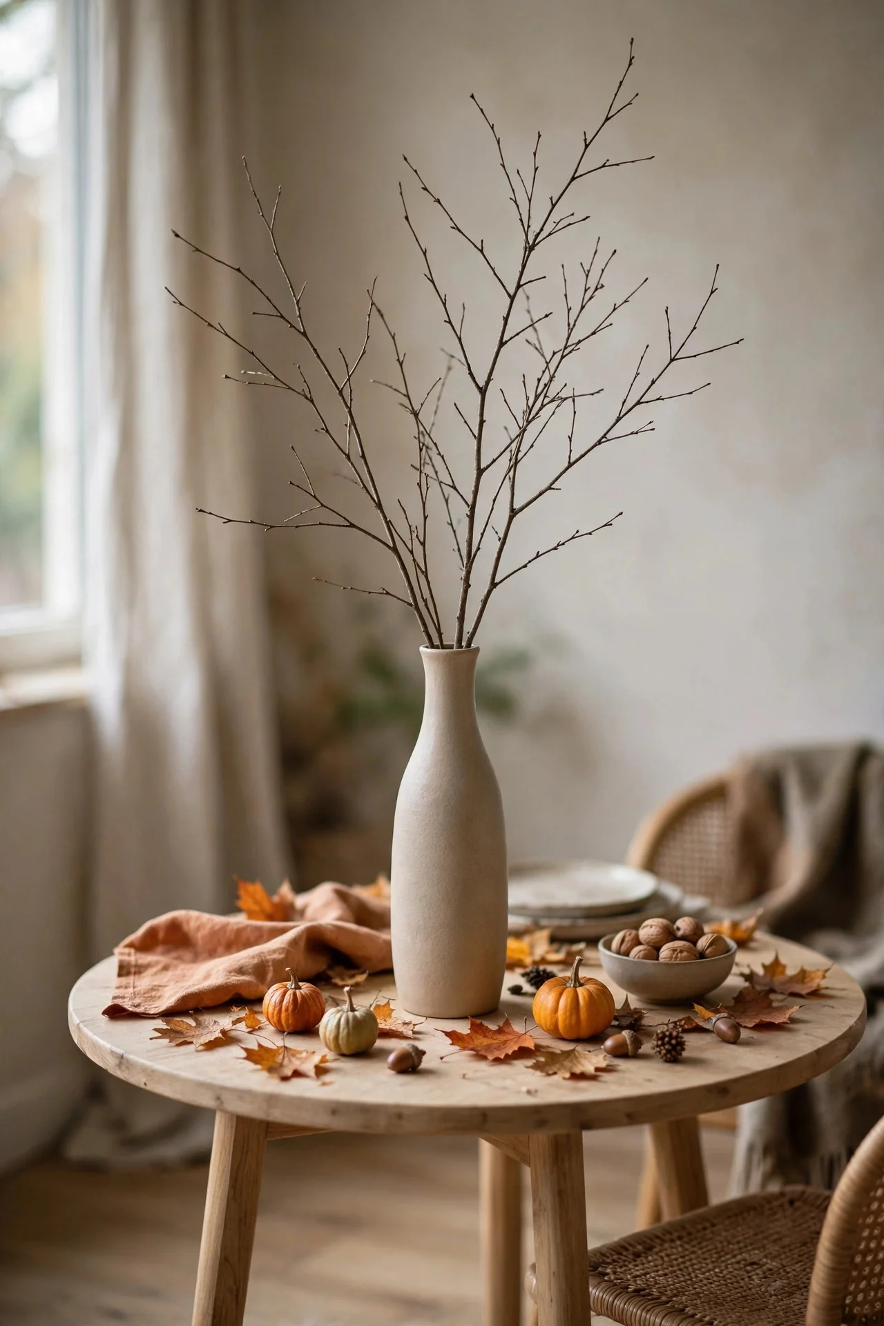 Tall narrow vase with branches as small-table centerpiece