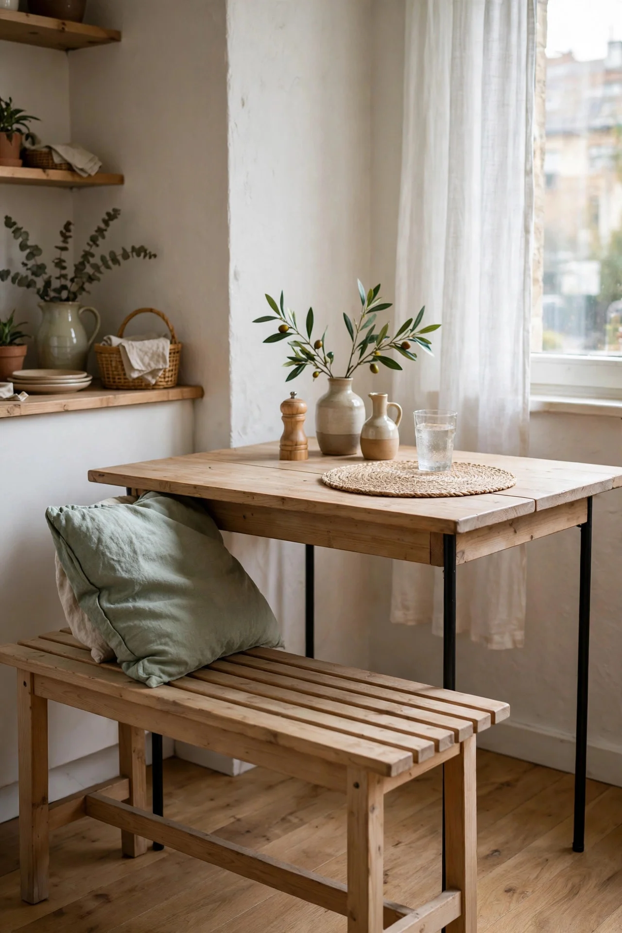 Backless bench providing extra seating at a small table