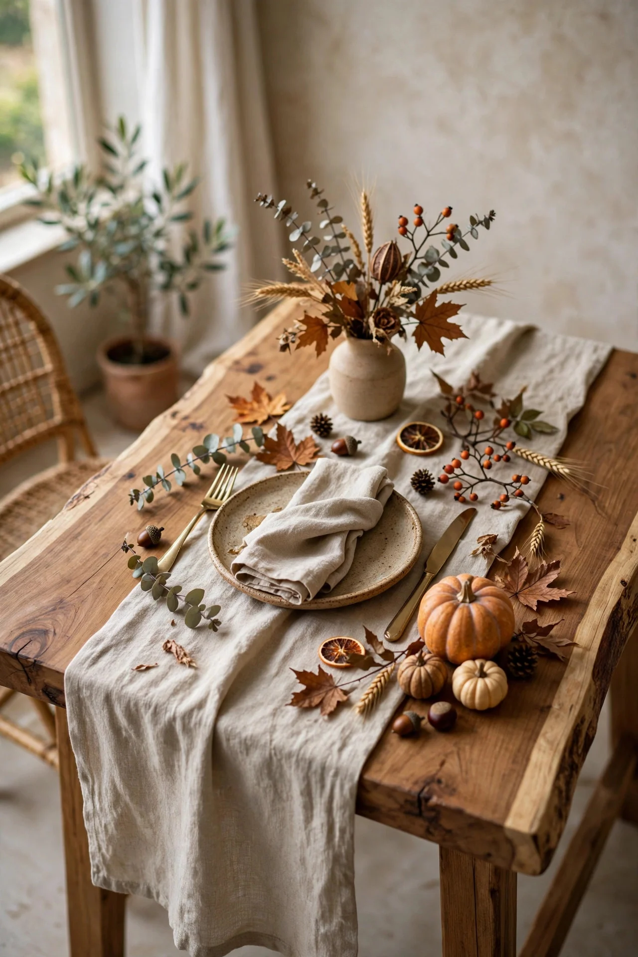 Linen runner on a small table instead of a tablecloth
