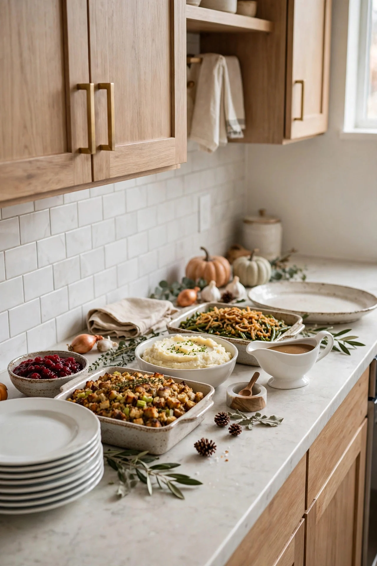 Kitchen counter set up as a Thanksgiving buffet
