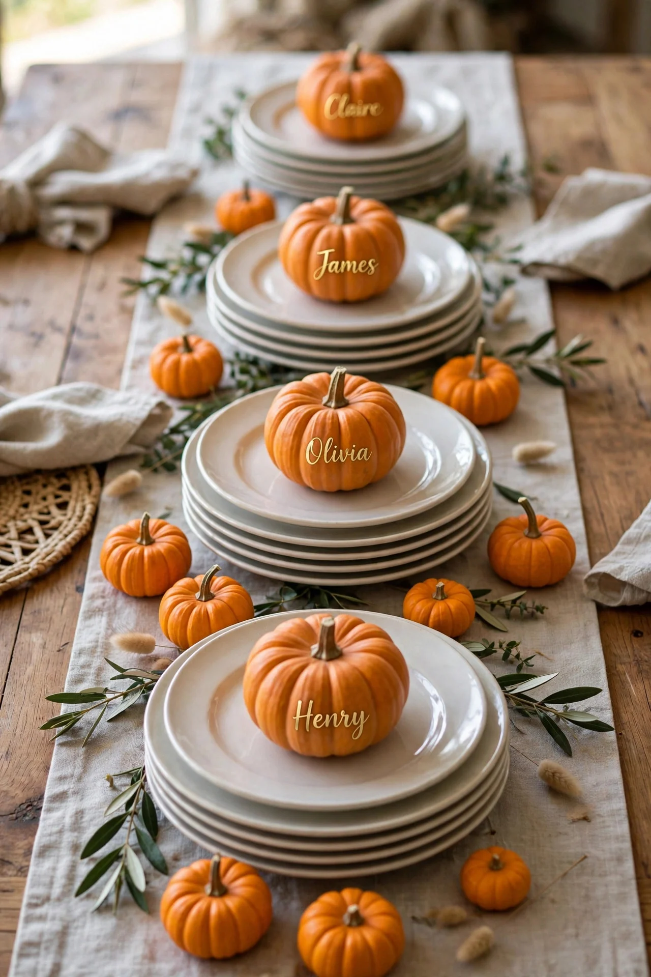 Mini pumpkins as place cards, decor, and favors