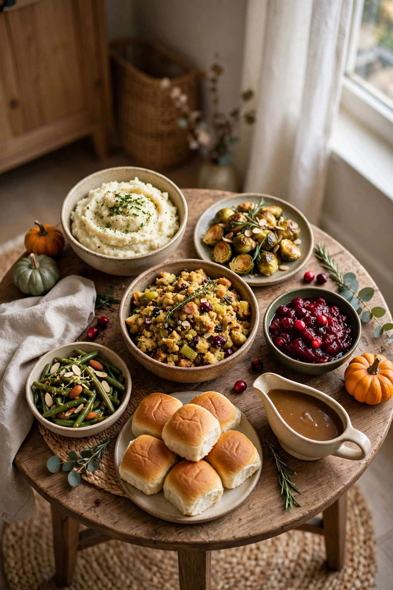 Family-style dishes in smaller bowls on a small table