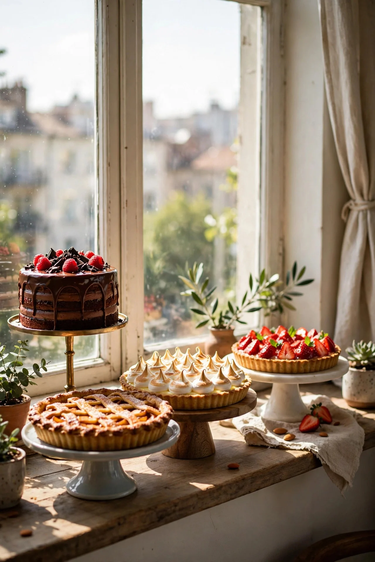 Dessert display lined along an apartment windowsill