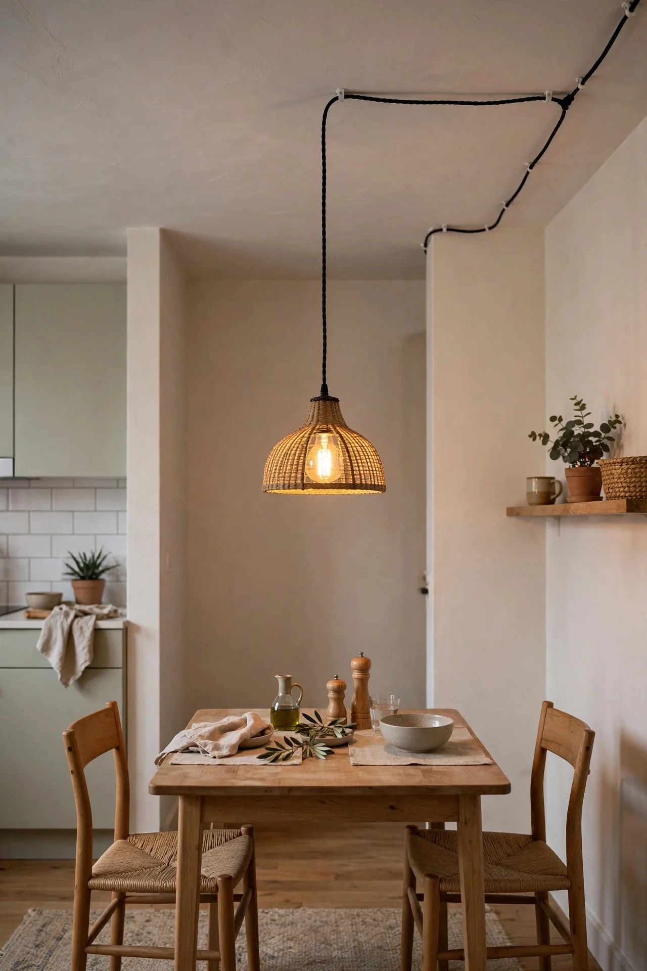 Plug-in pendant light hung above a small dining table