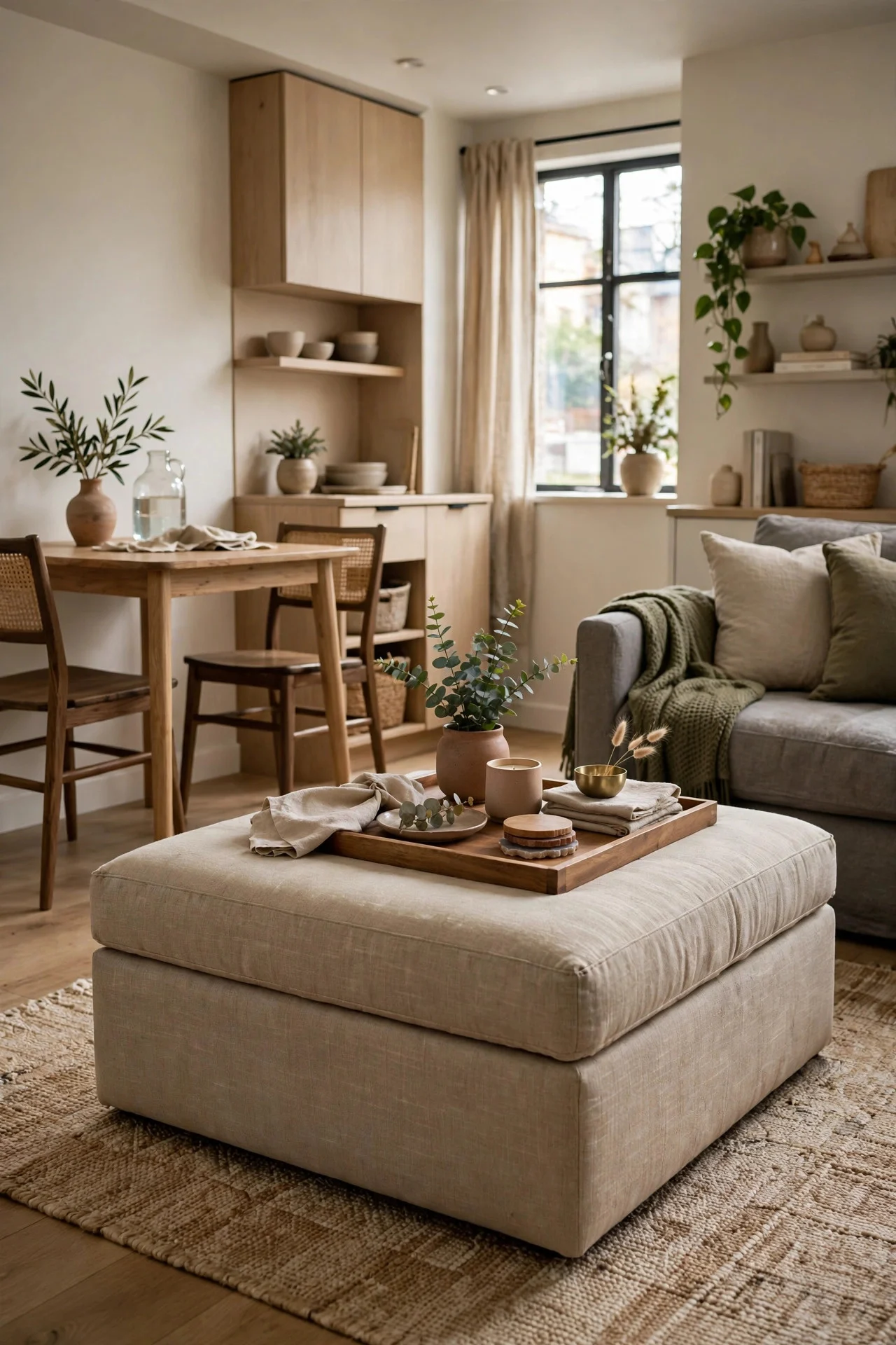 Ottoman with tray serving as coffee table and extra seat