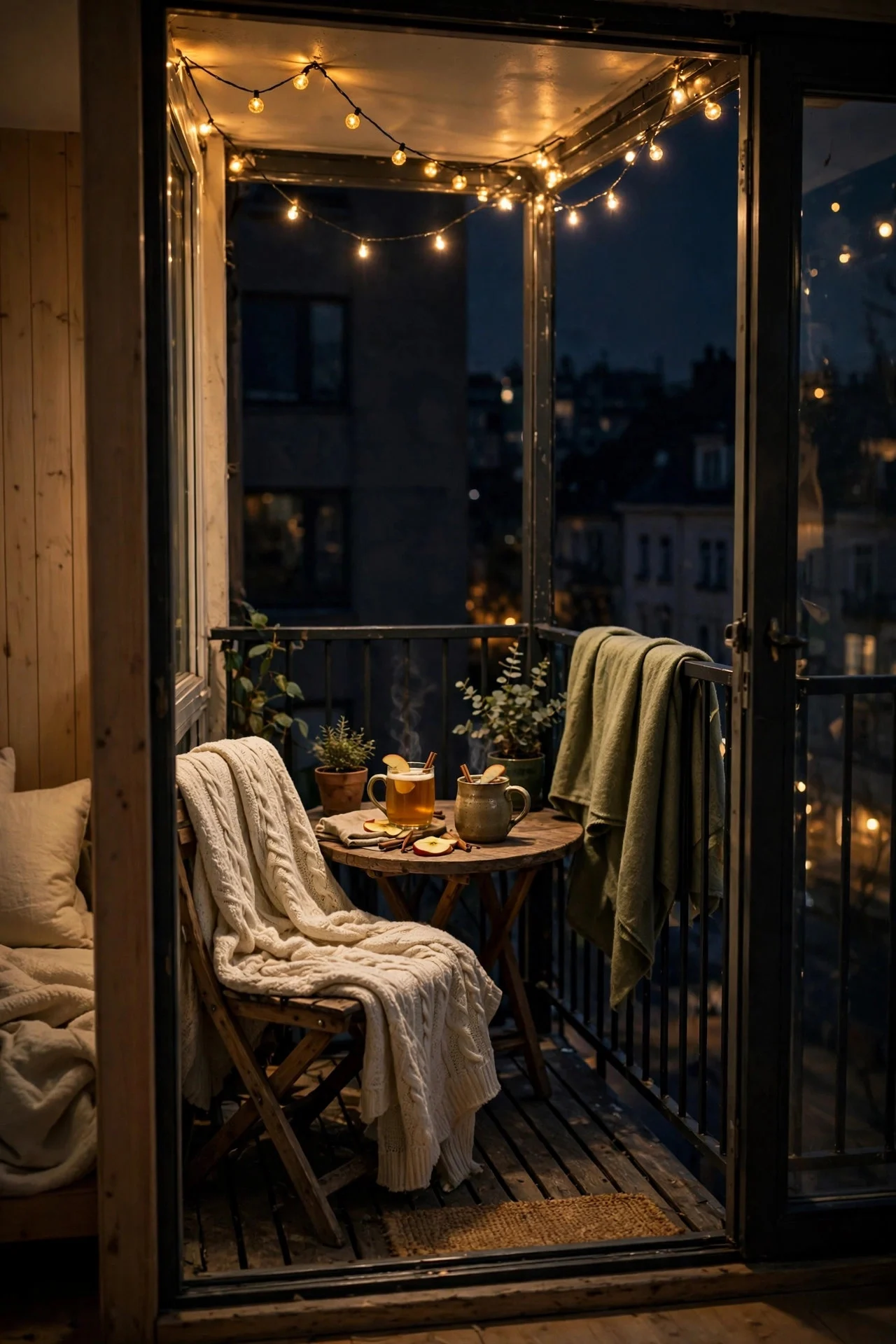 Cozy balcony nightcap with string lights and cider