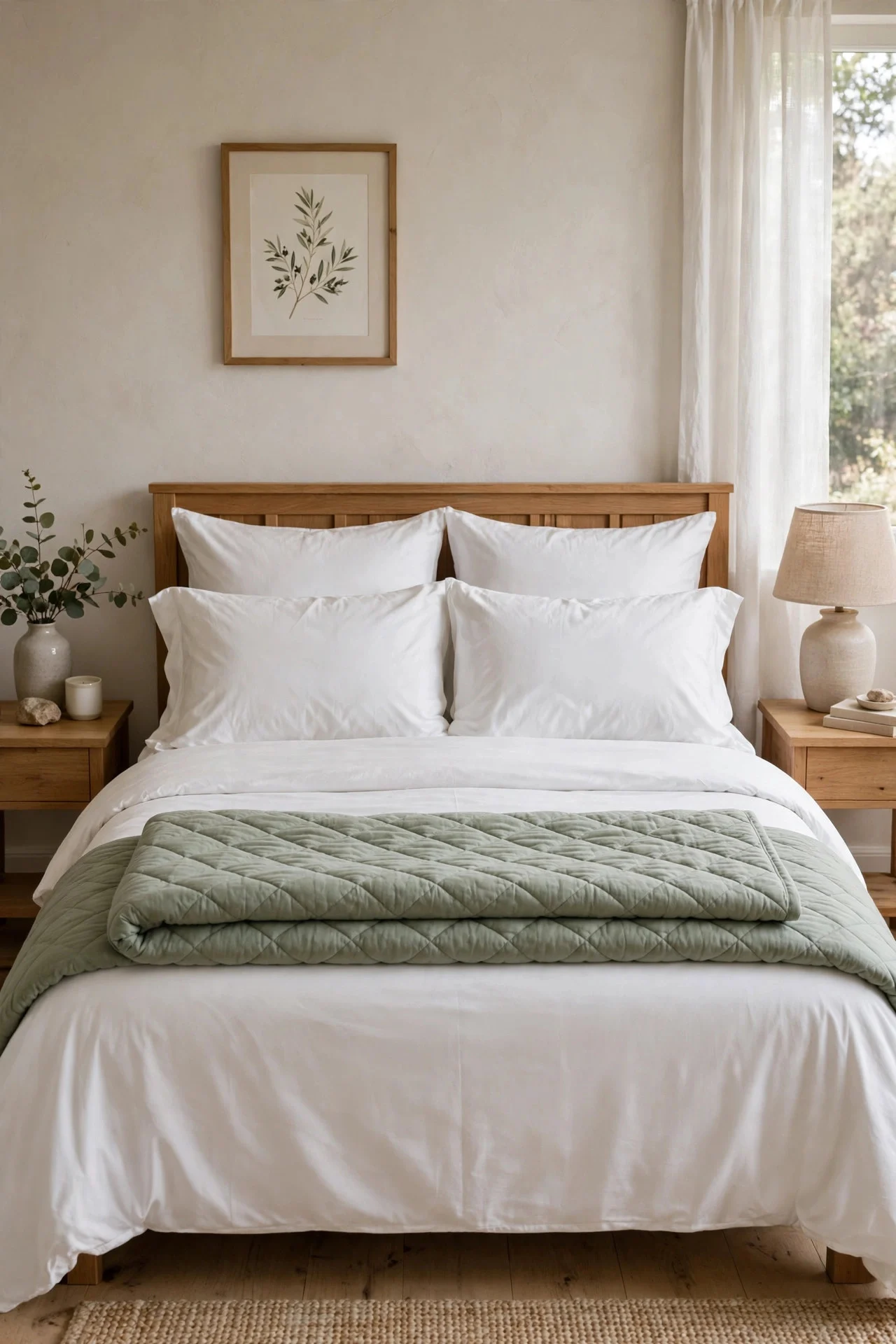 Guest bed with crisp white bedding and layered pillows ready for visitors