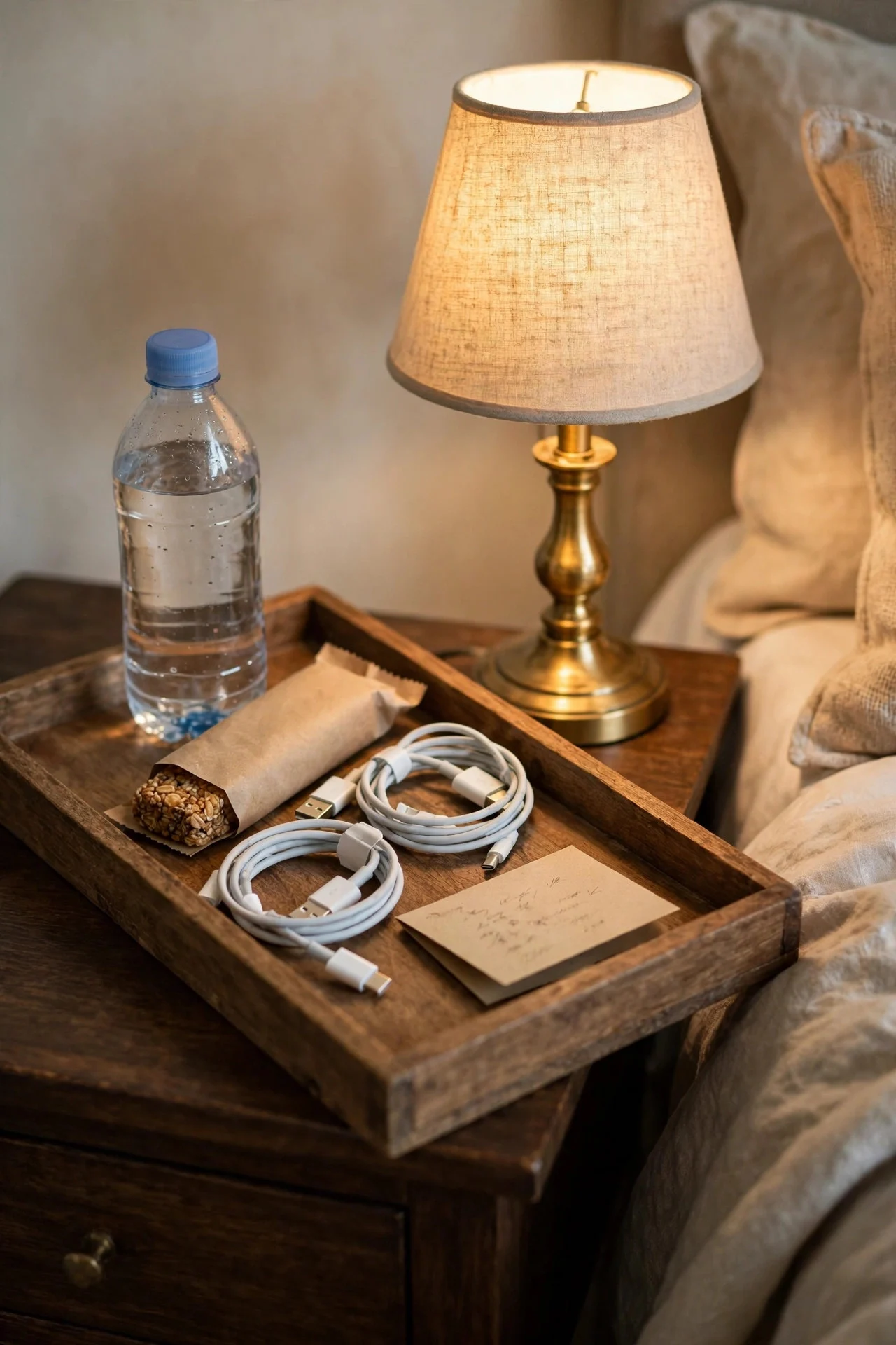 Nightstand welcome kit with water, snacks, chargers, and a handwritten note