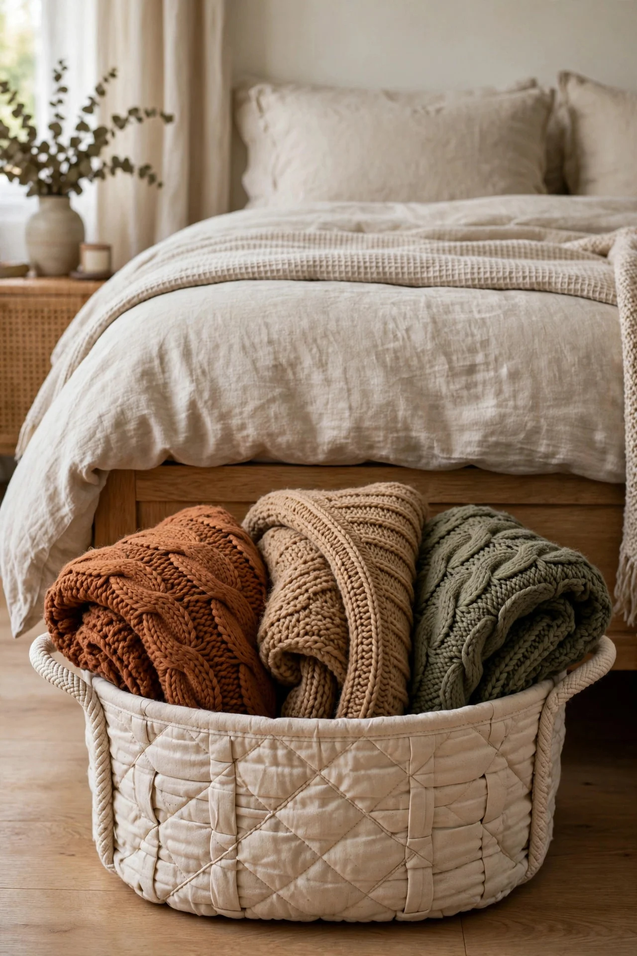 Basket of folded extra blankets in warm fall tones at the foot of a bed