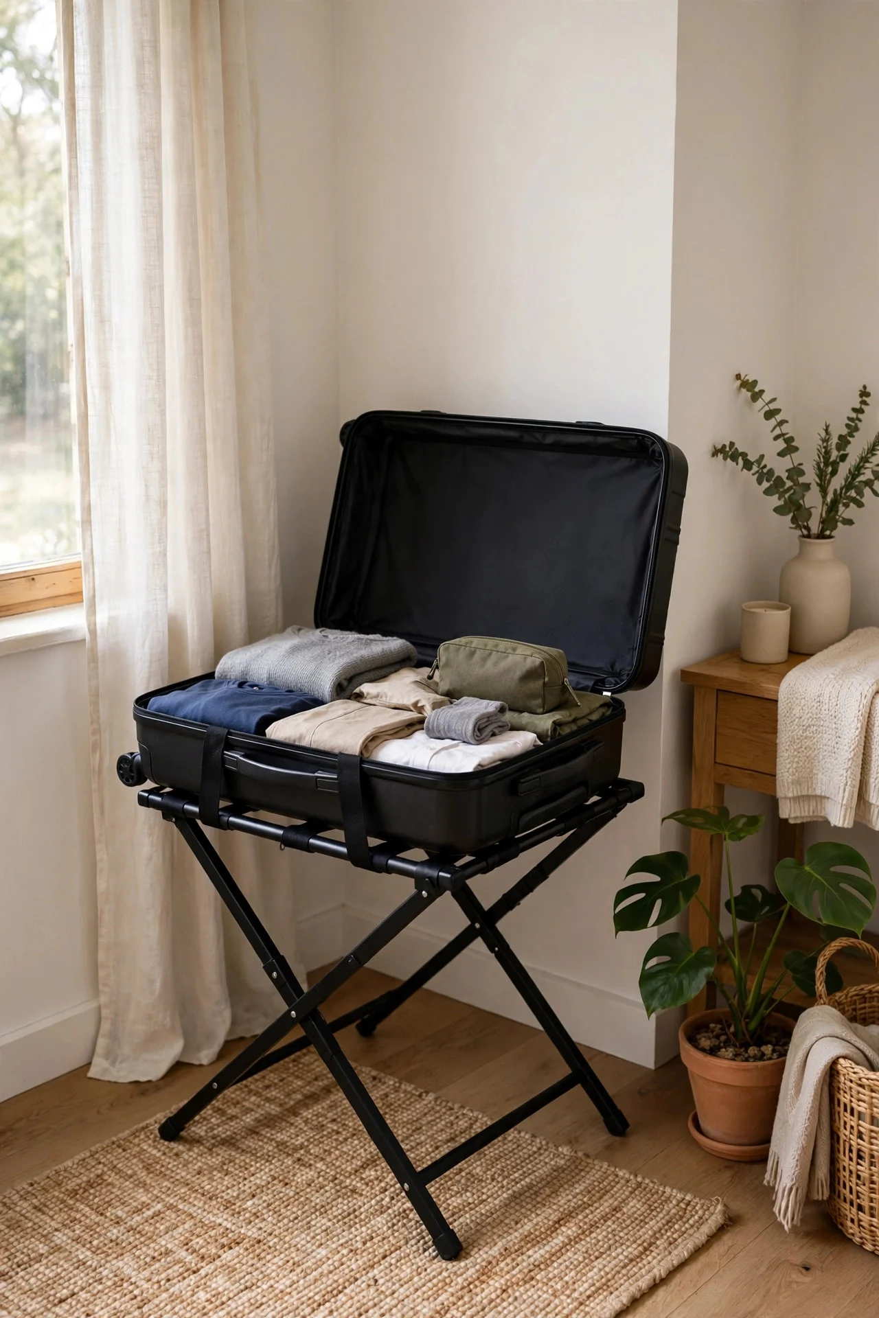 Folding luggage rack with suitcase in a guest bedroom corner