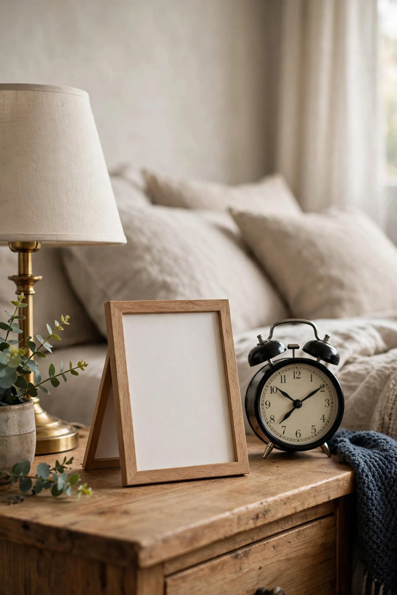 Framed Wi-Fi and house-info card on a guest room nightstand
