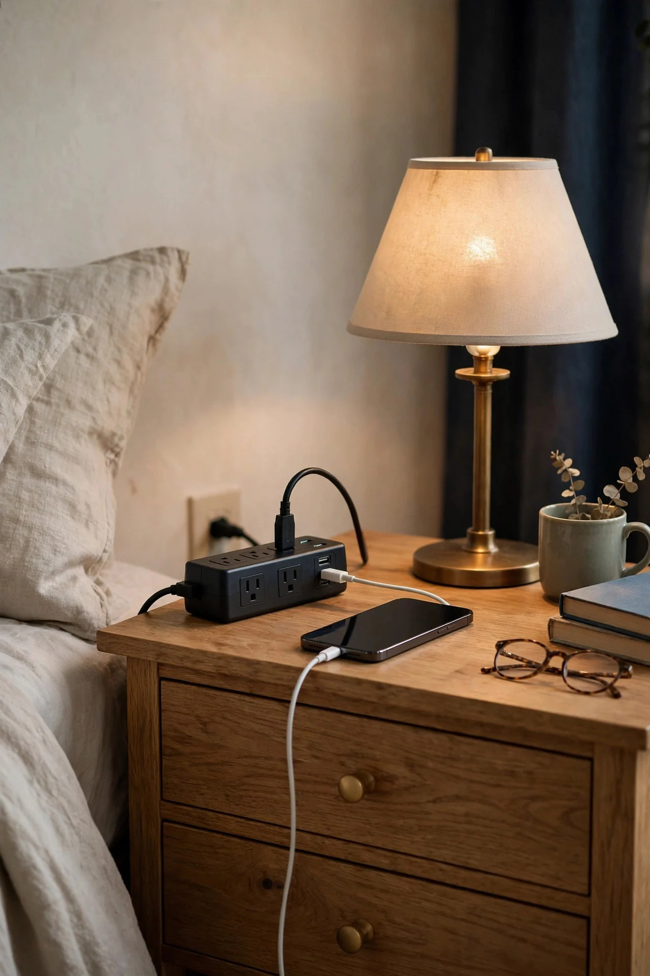 Bedside charging station with power strip and USB ports