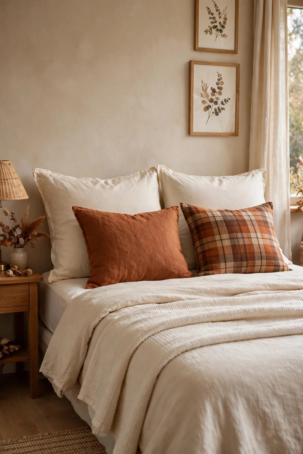 Guest bed styled with rust linen and plaid fall throw pillows