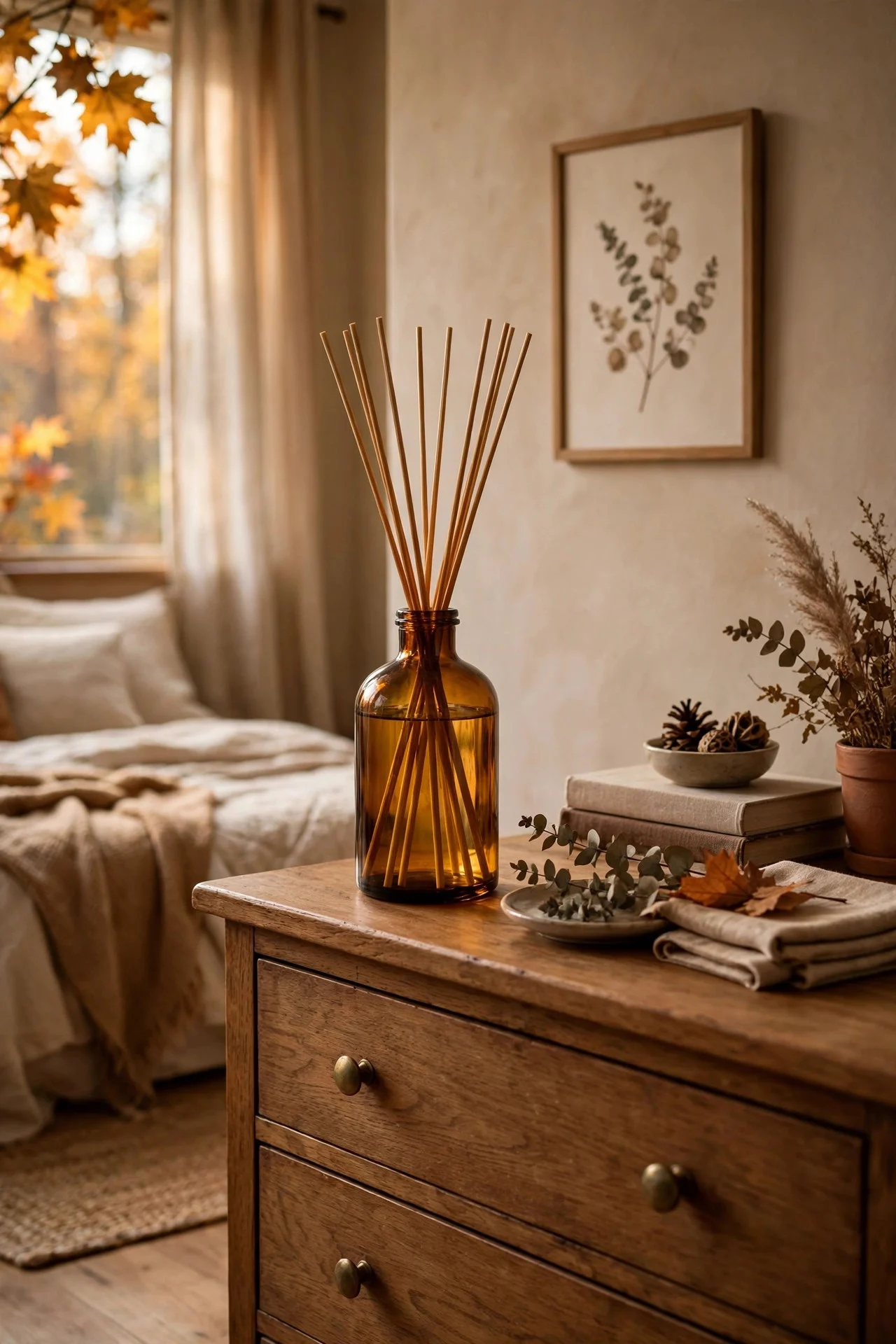 Cinnamon-apple reed diffuser on a guest bedroom dresser