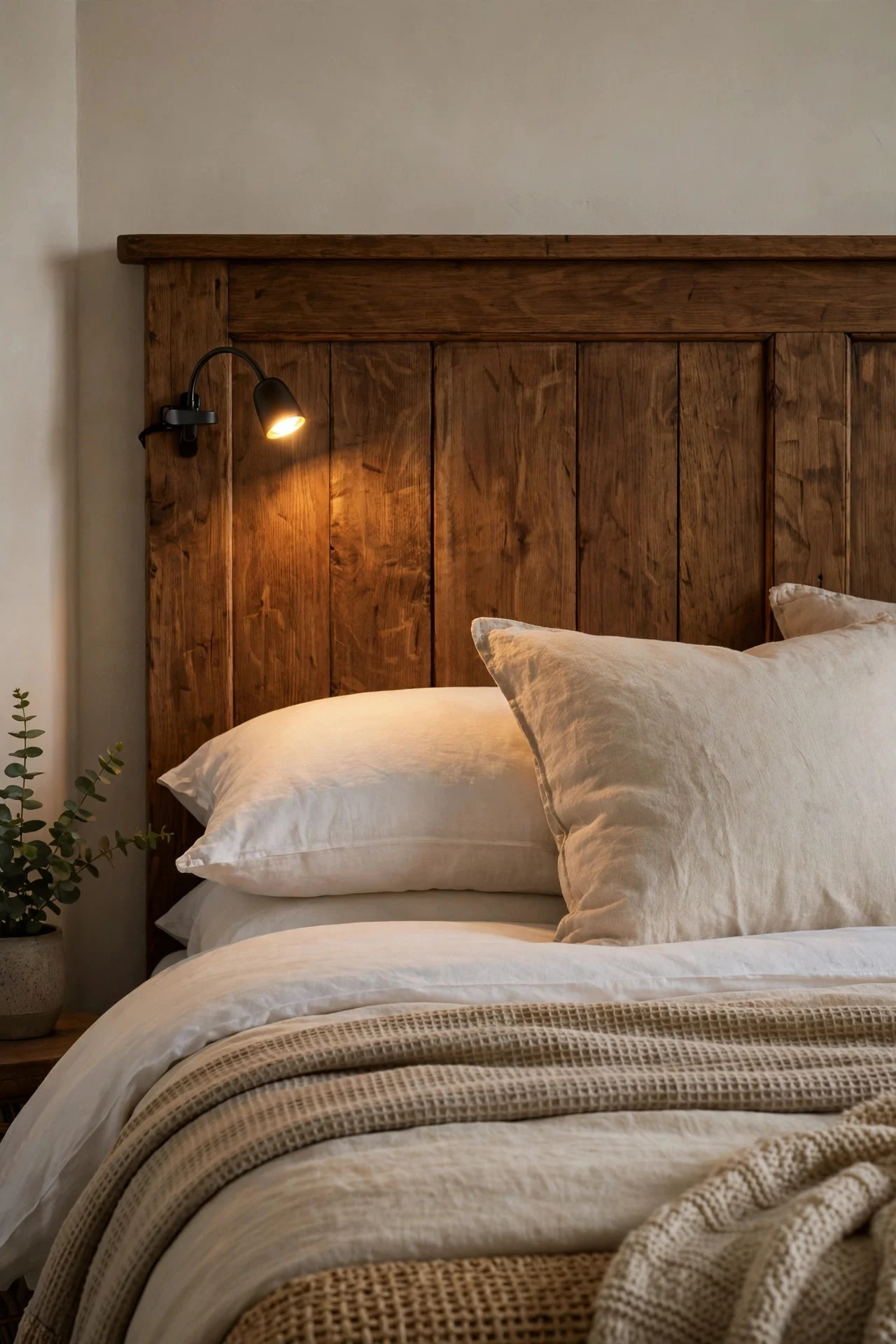 Clip-on reading lamp on a guest bed headboard