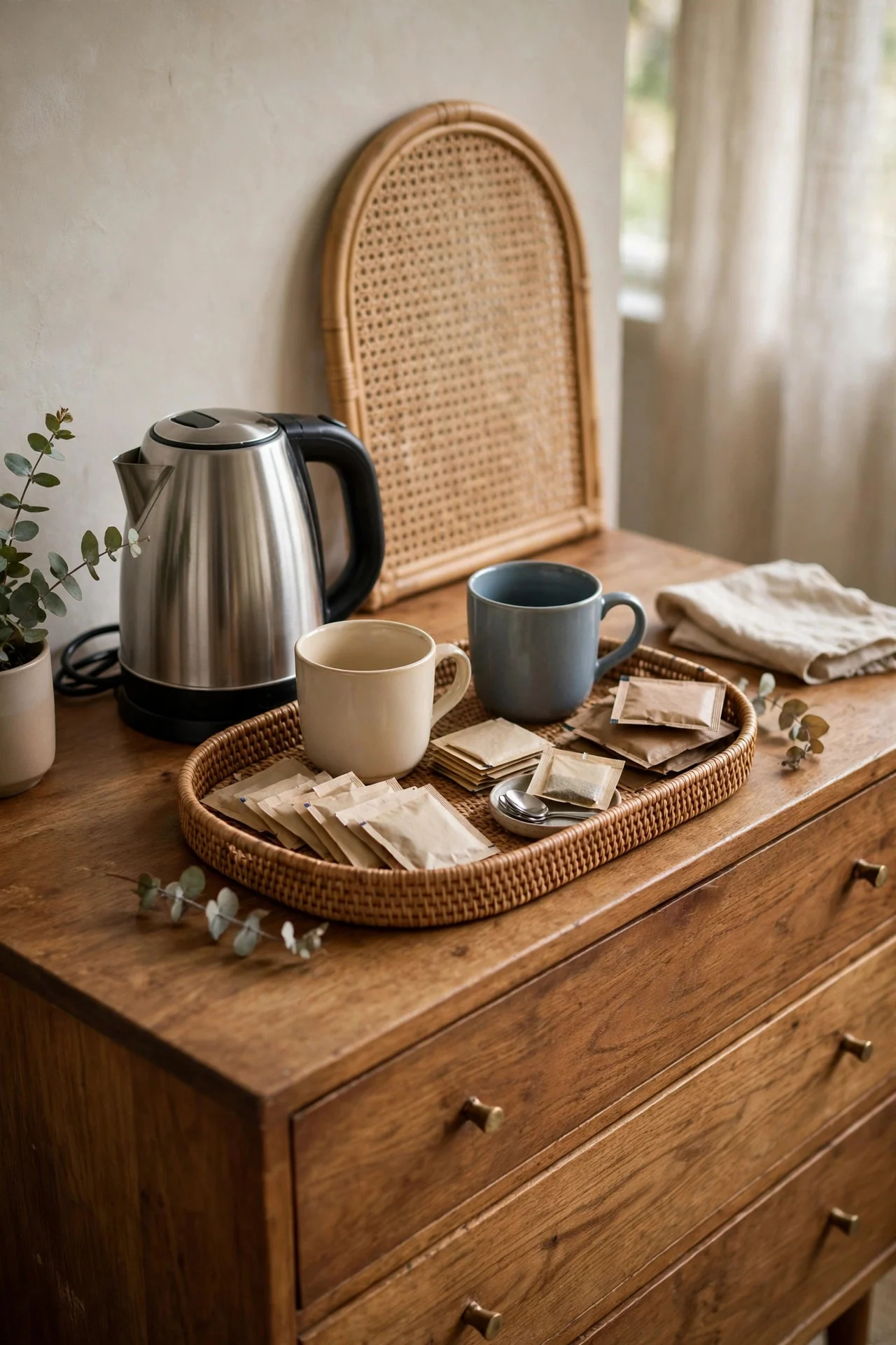 Morning coffee corner with kettle, mugs, and tea packets on a dresser