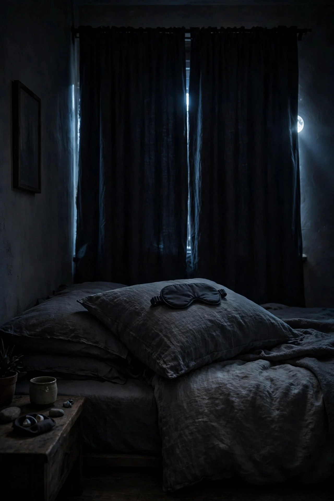 Dark guest bedroom with blackout curtains and a sleep mask on the pillow