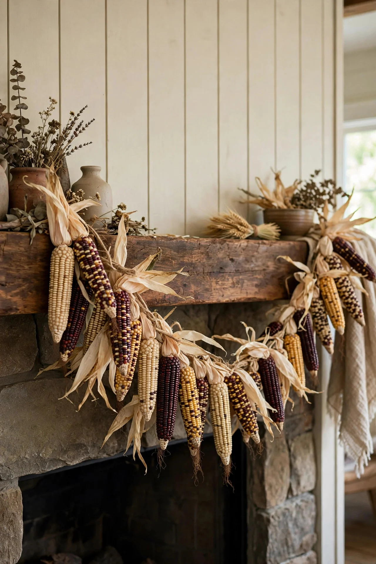Dried Indian corn garland draped on a fall mantel