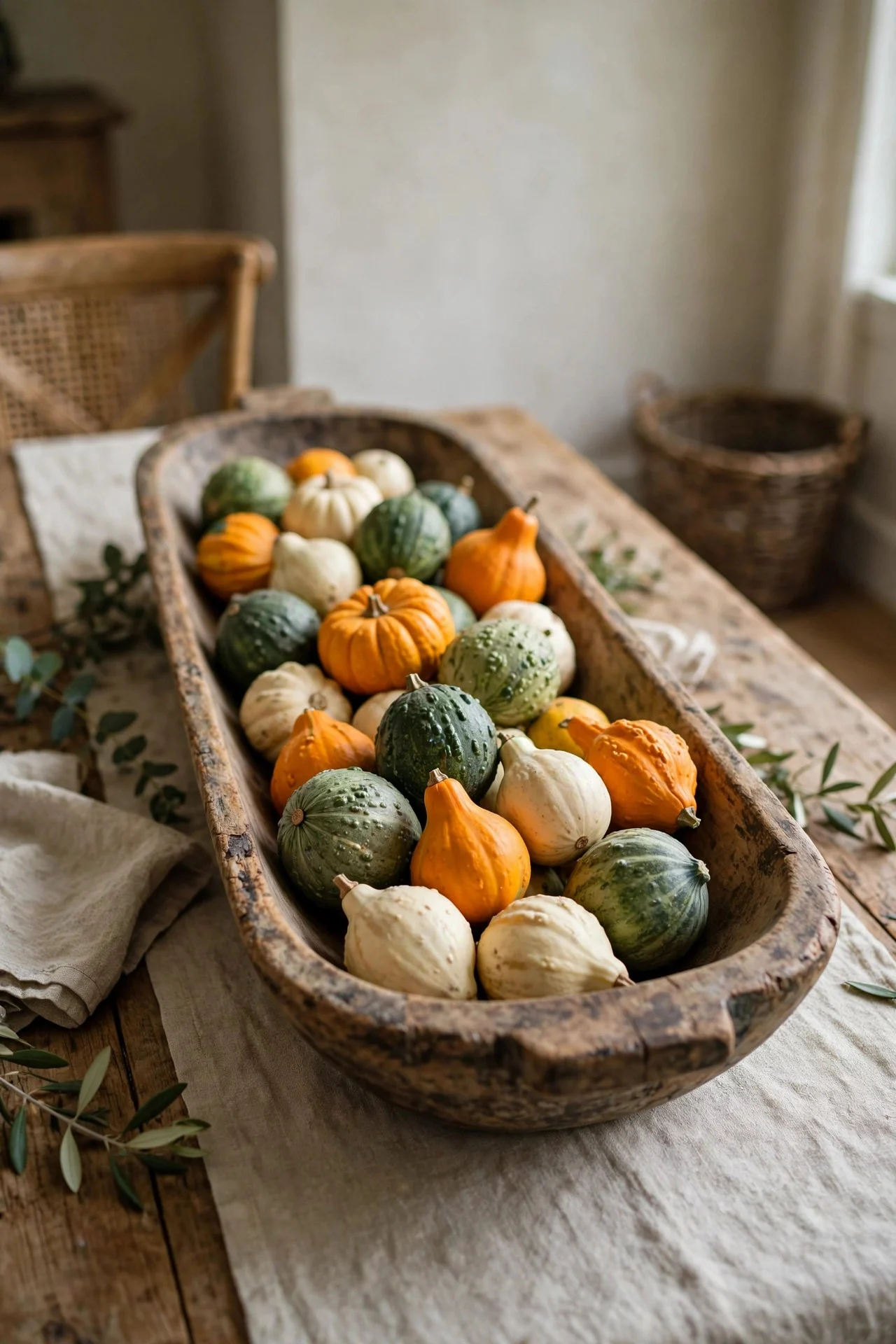 Wooden dough bowl filled with mixed mini gourds as a centerpiece