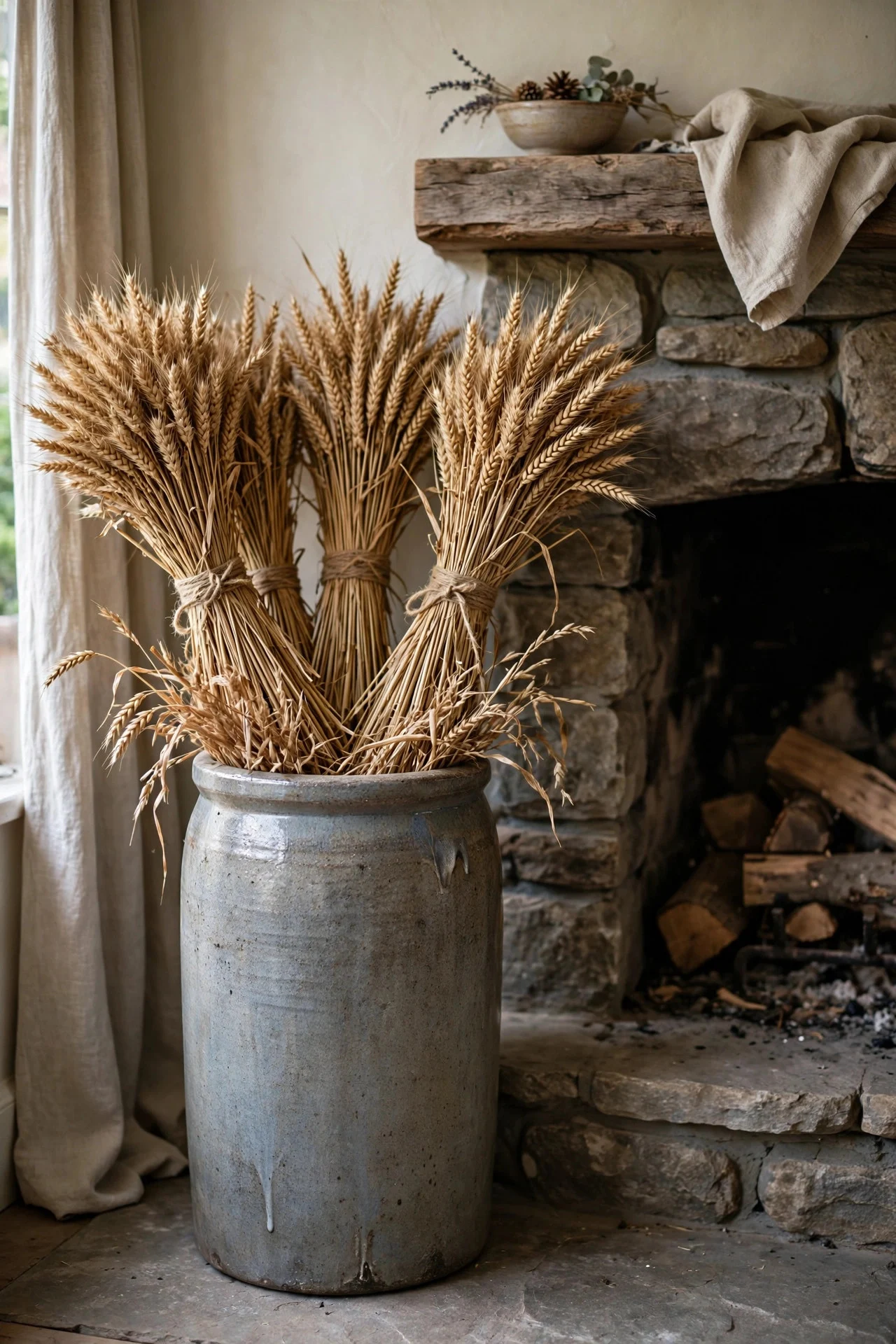 Wheat sheaves in a stoneware crock by the fireplace