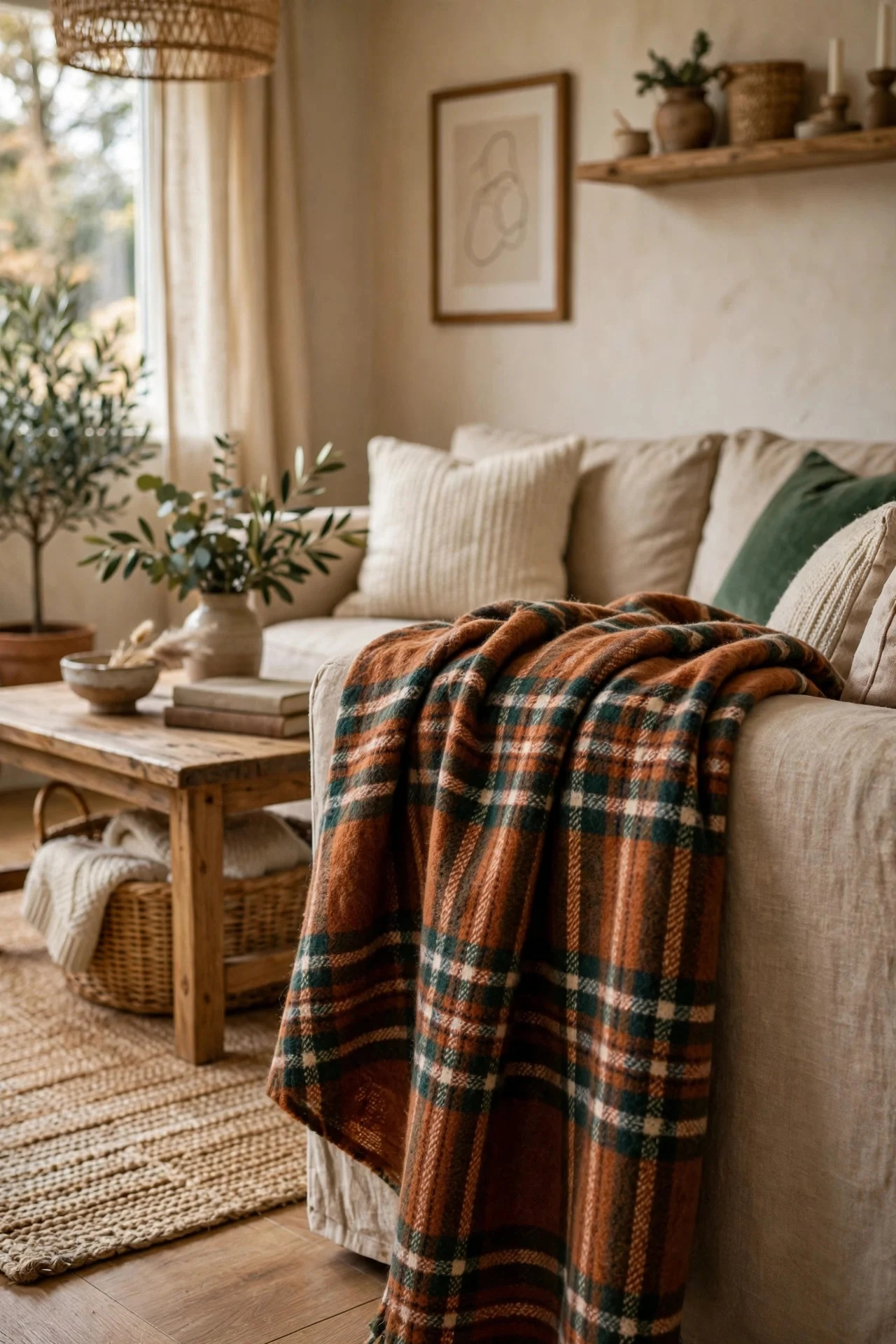 Plaid wool throw draped over a sofa arm for fall