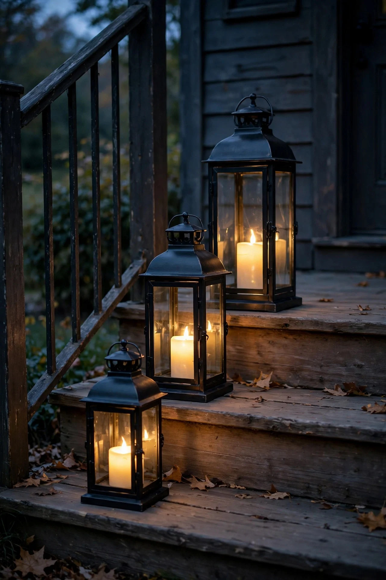 Cluster of lanterns with LED candles on porch steps