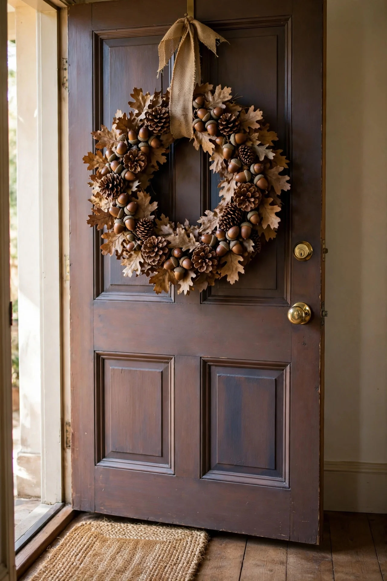 Acorn and pinecone wreath with burlap ribbon on a front door
