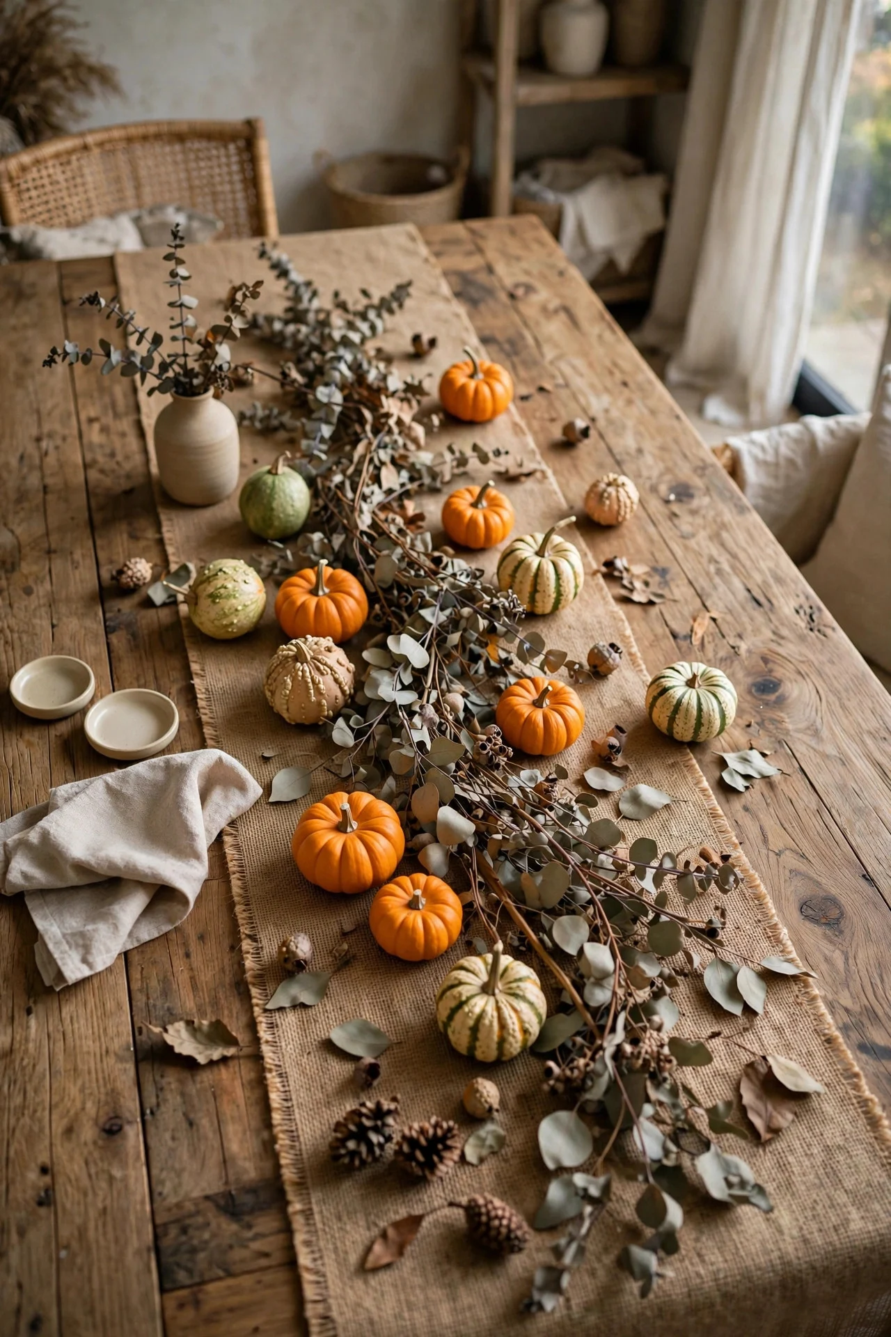 Harvest tablescape with burlap runner, eucalyptus, and mini pumpkins