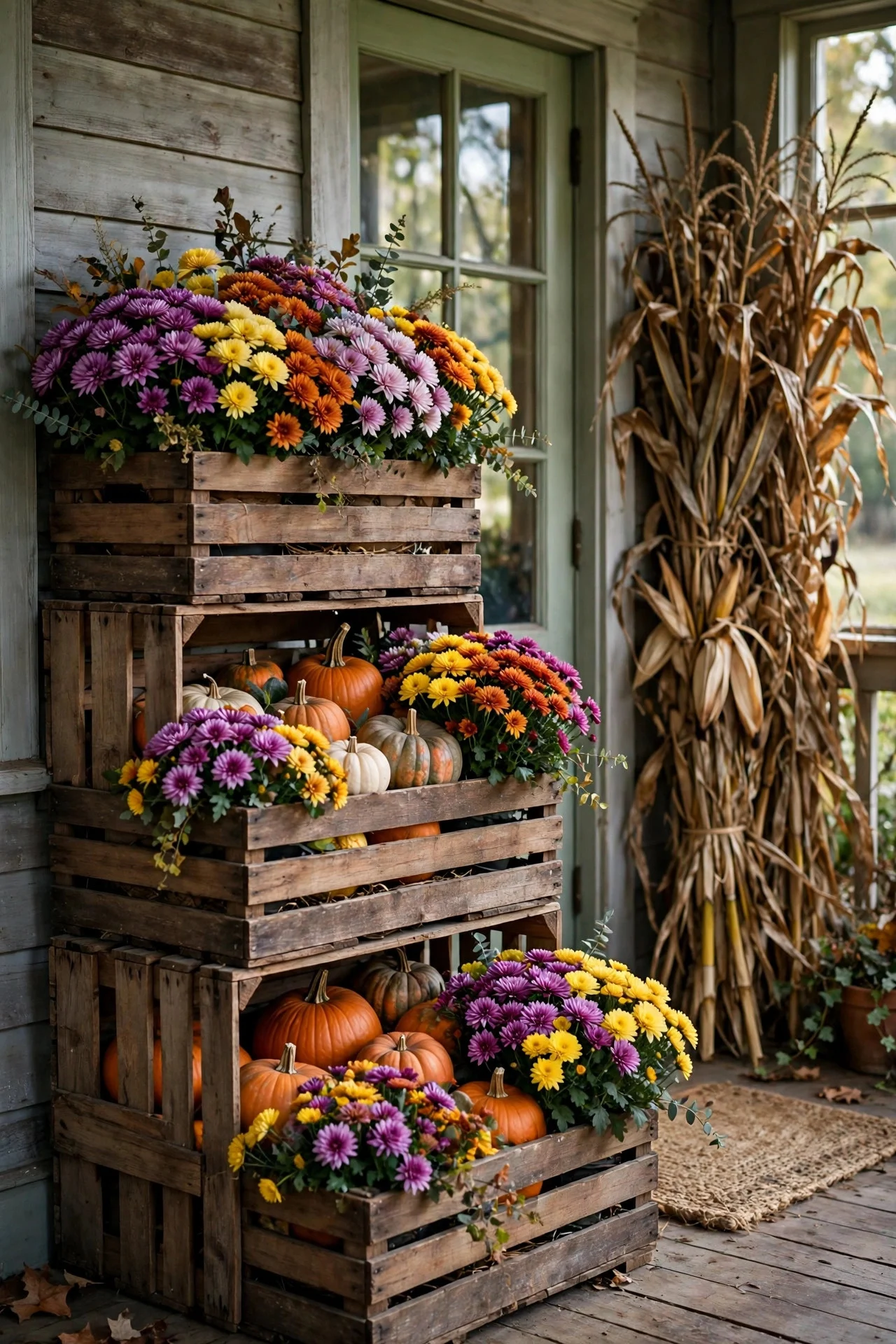 Wooden crates with mums and pumpkins on a fall porch