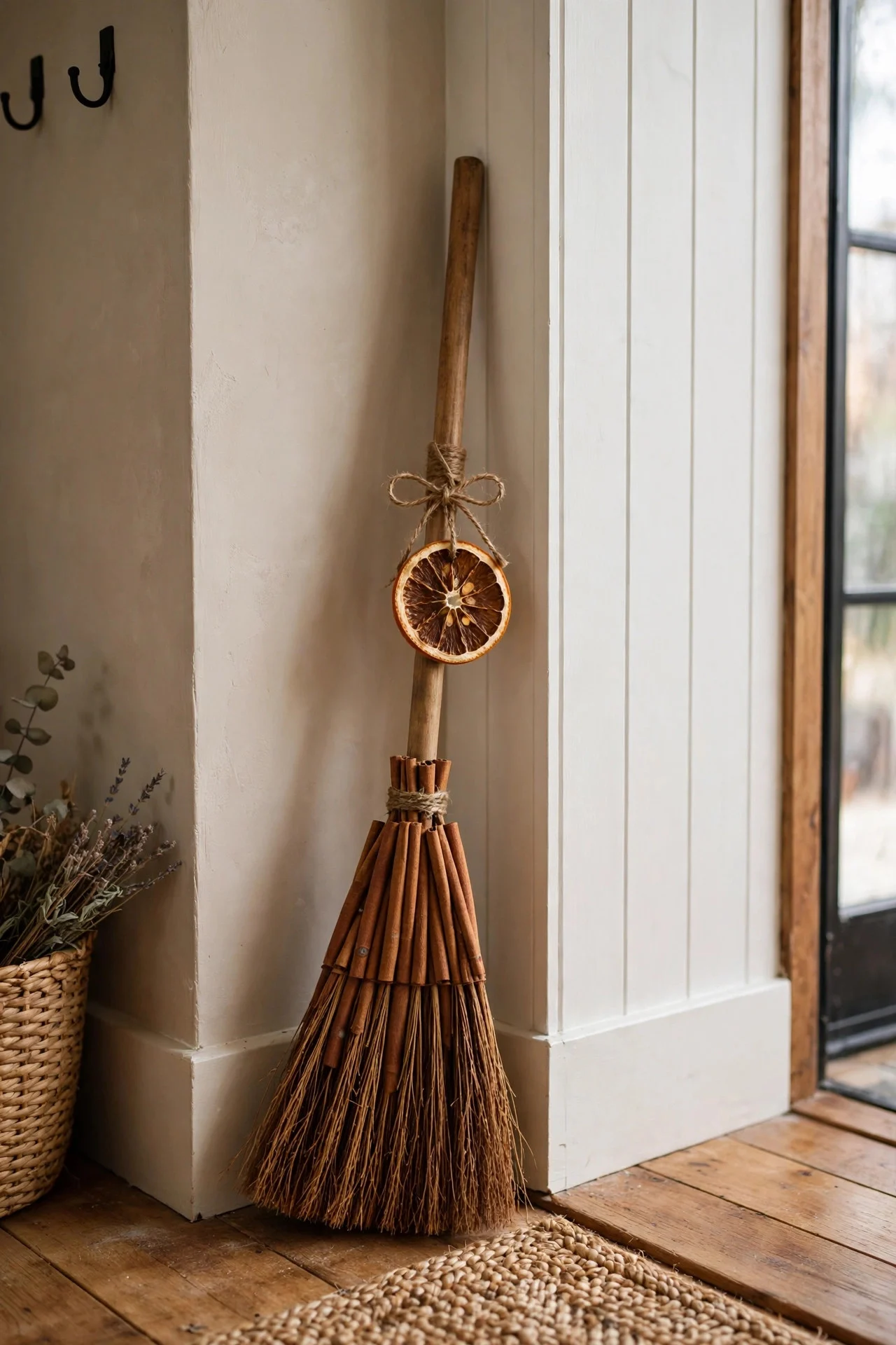 Cinnamon broom with dried orange slice in an entryway