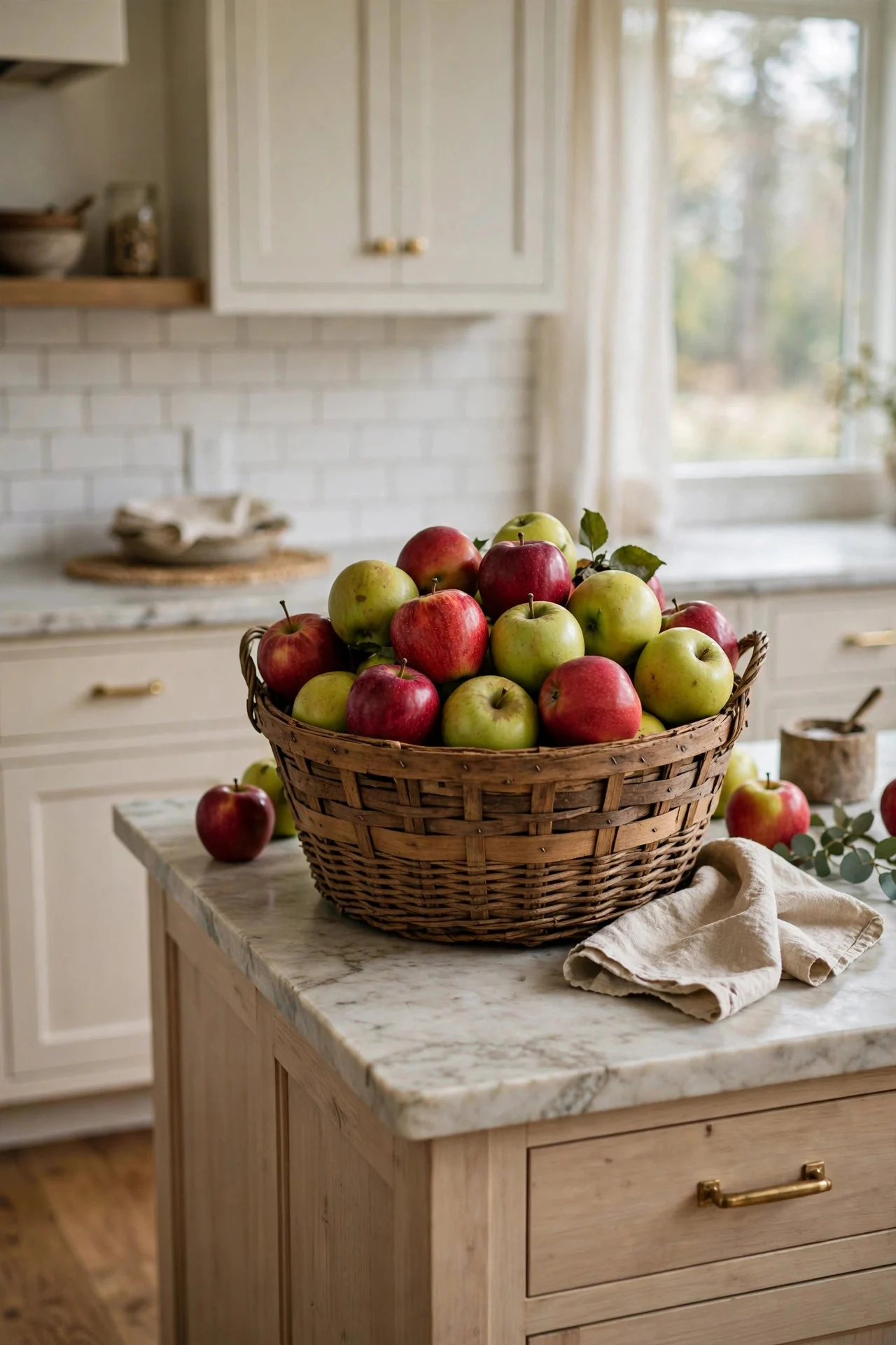 Bushel basket of mixed apples on a kitchen counter