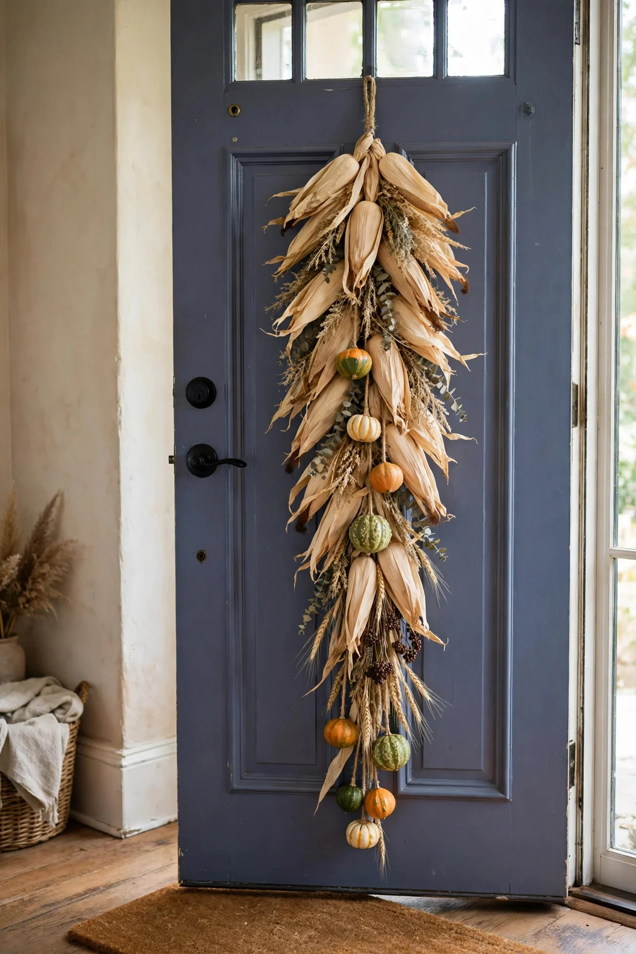 Corn husk door swag with mini gourds