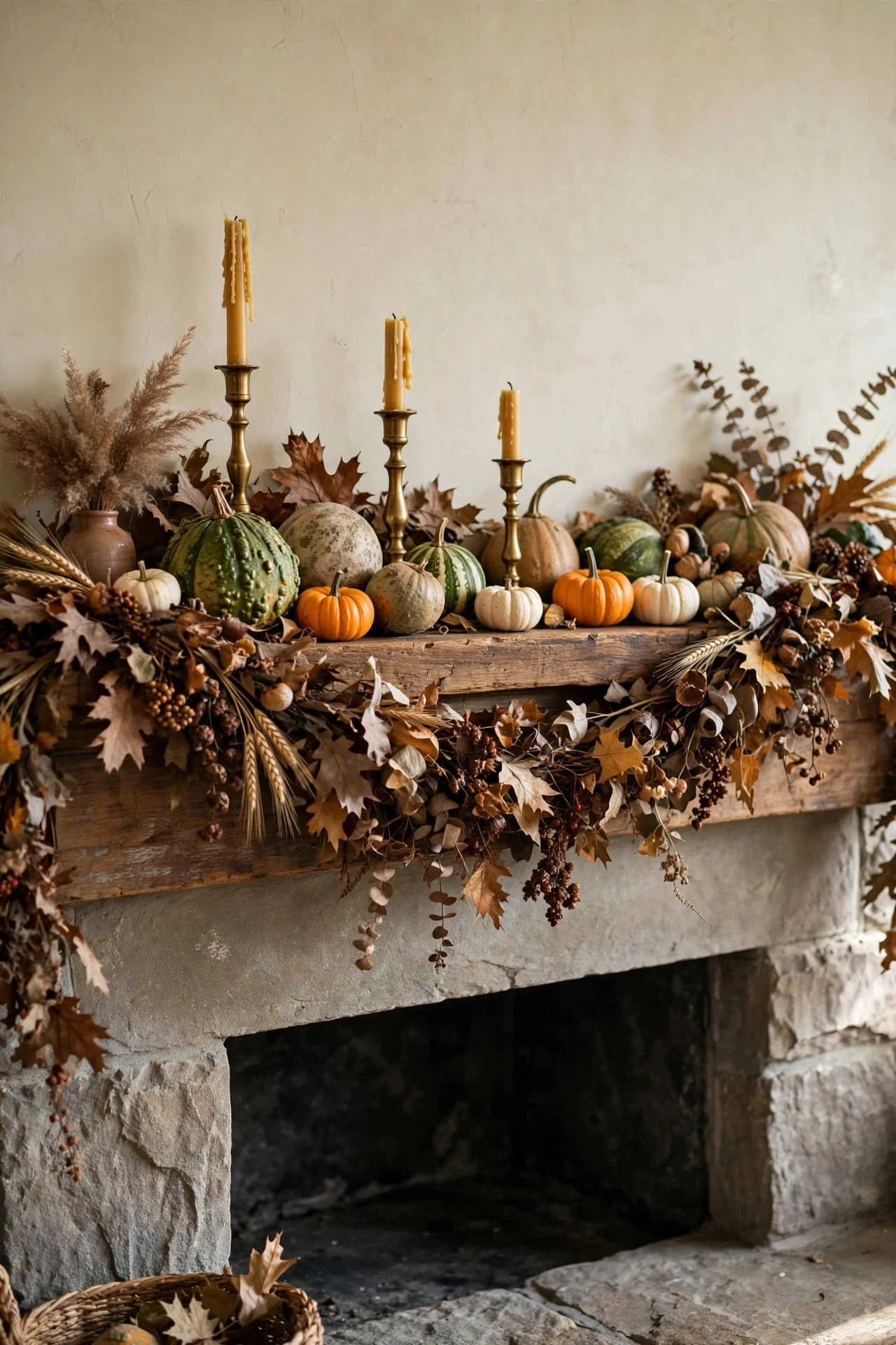 Layered harvest mantel with gourds and candlesticks