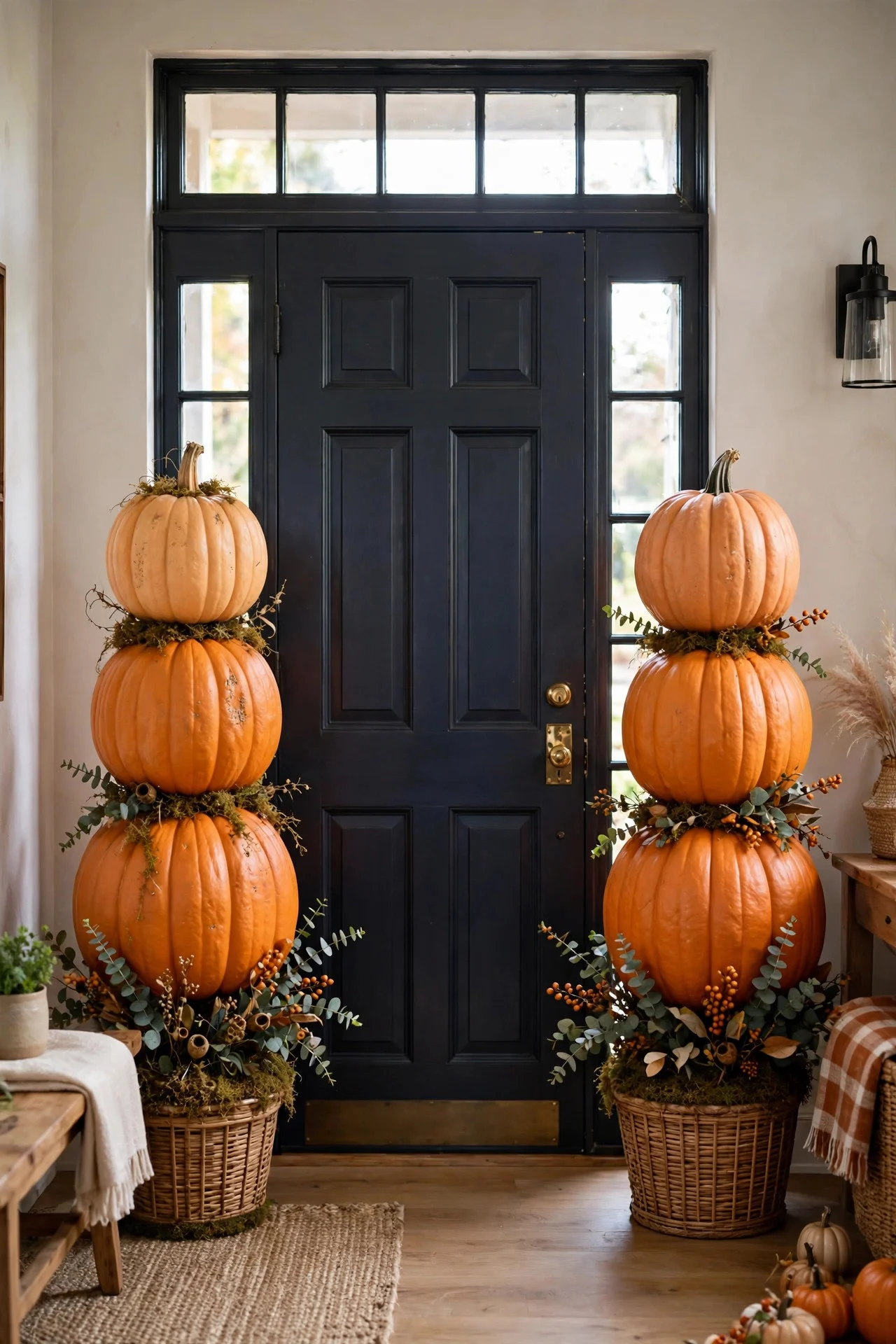 Stacked pumpkin topiaries flanking a front door