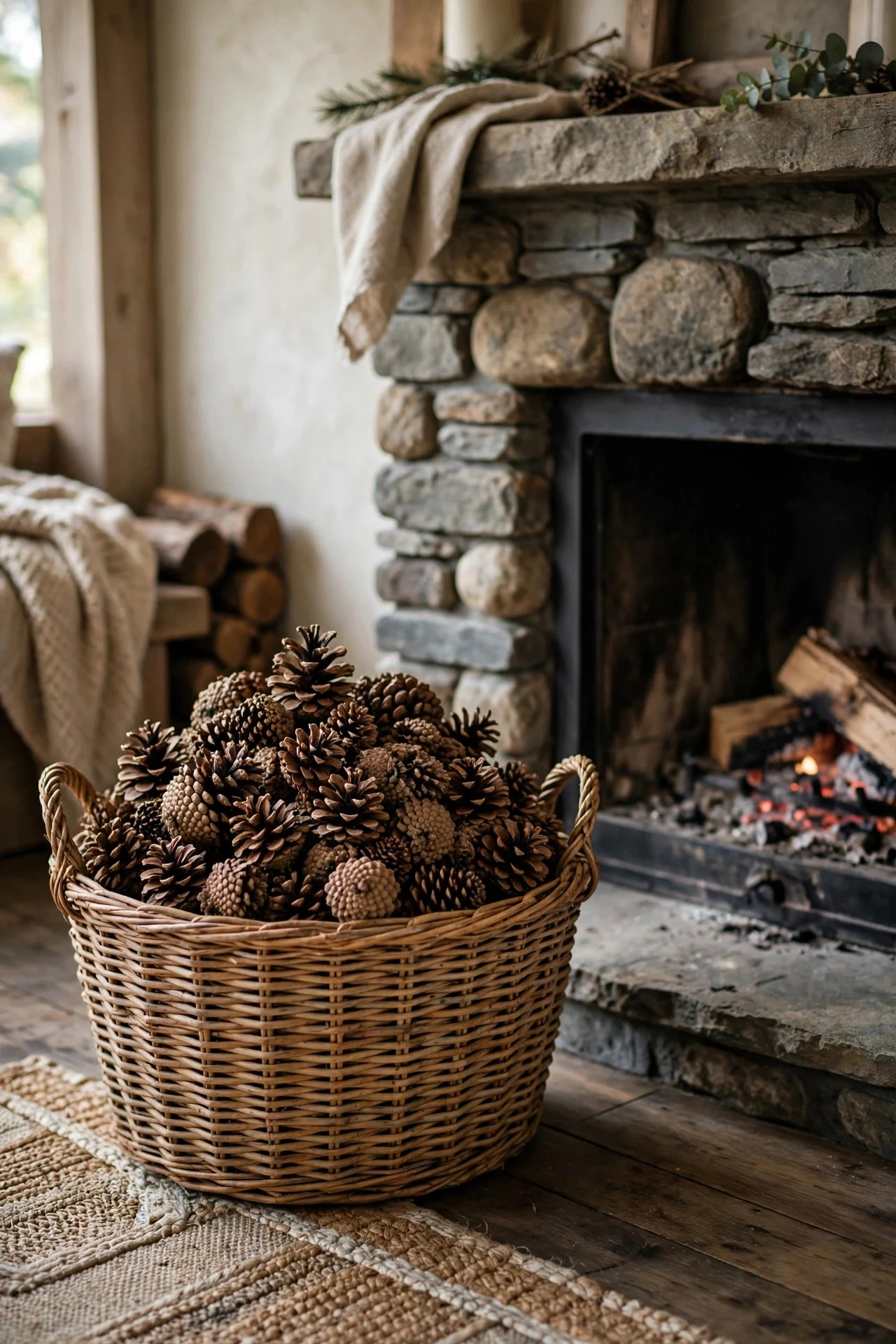 Basket of pinecones beside a fireplace