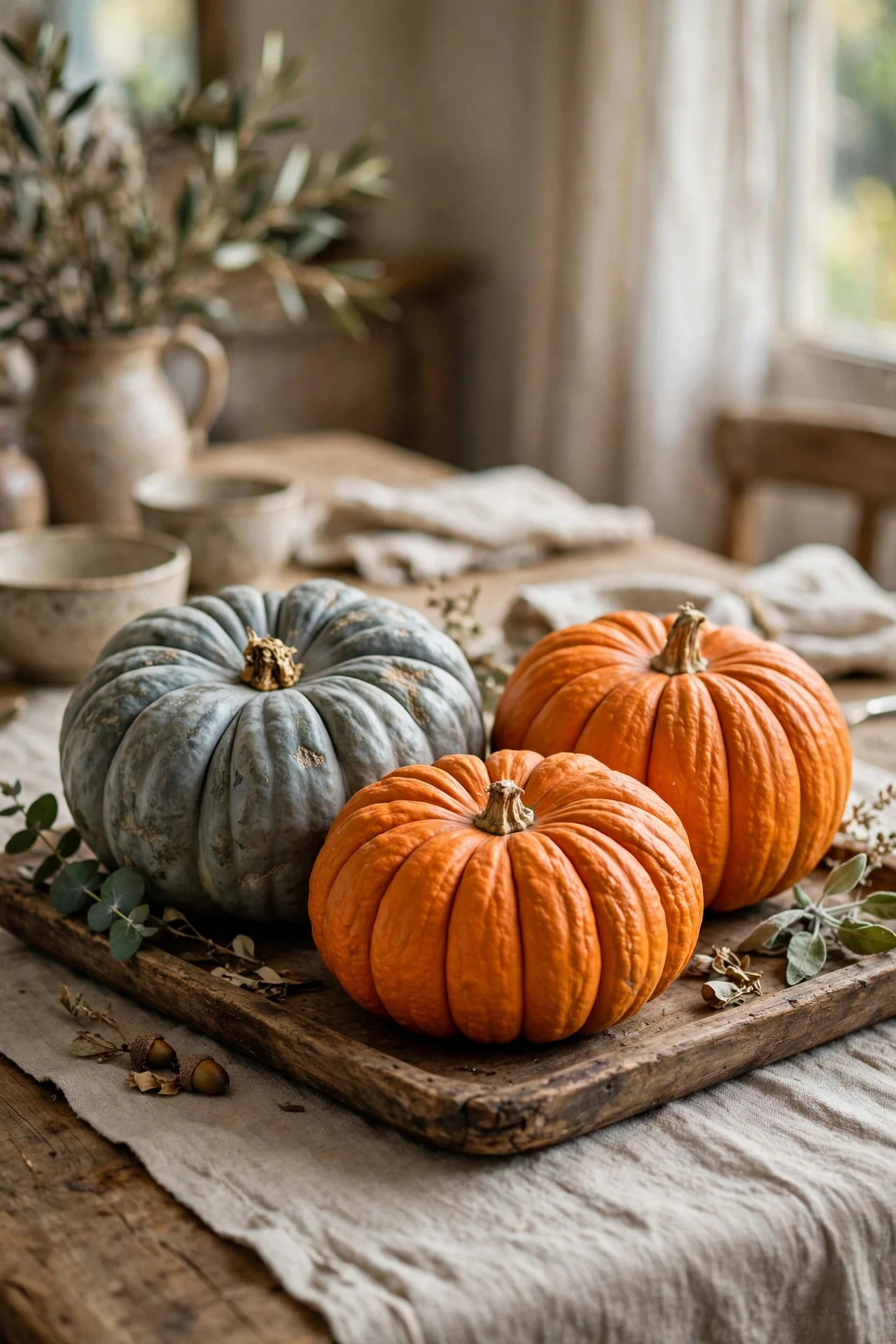Heirloom squash centerpiece on a wooden tray
